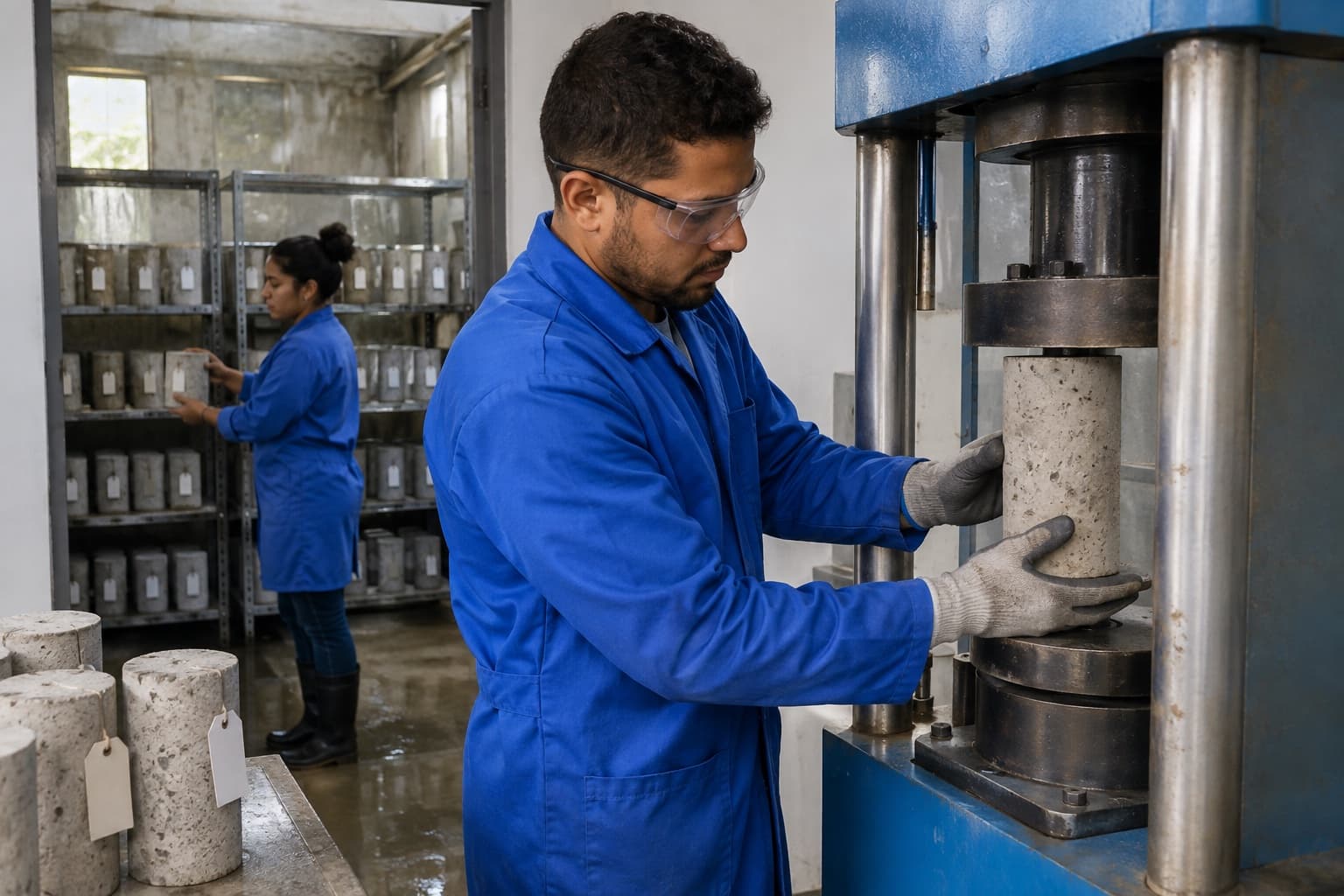 Técnico de jaleco azul colocando um corpo de prova cilíndrico de concreto na prensa hidráulica, com prateleiras de corpos de prova em cura na câmara úmida ao fundo