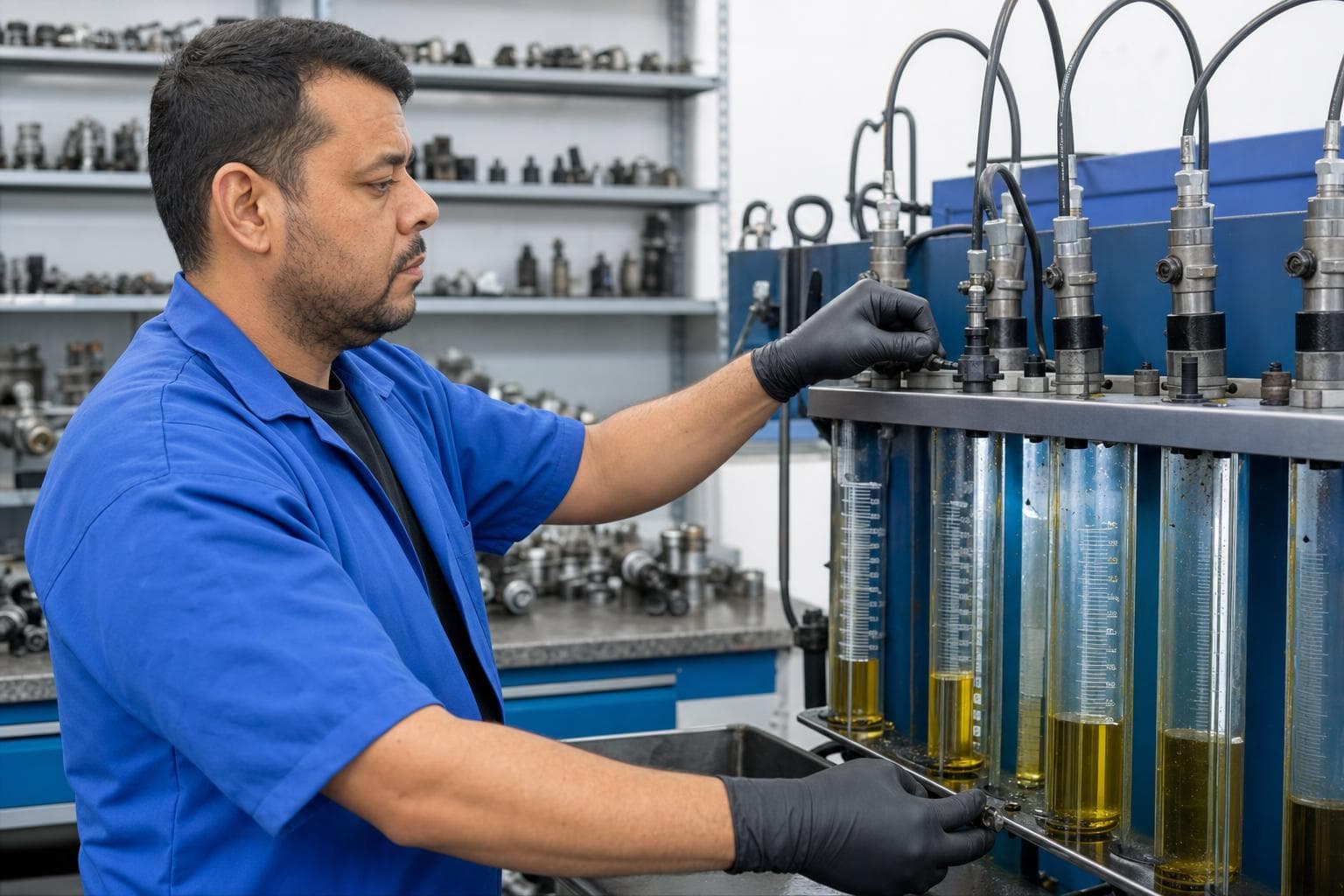 Técnico testando bicos injetores de motor diesel em uma bancada de prova no laboratório