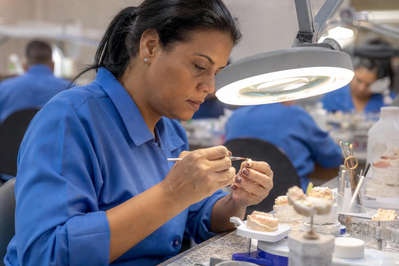 Protético aplicando cerâmica em uma coroa dentária sob a lupa na bancada do laboratório