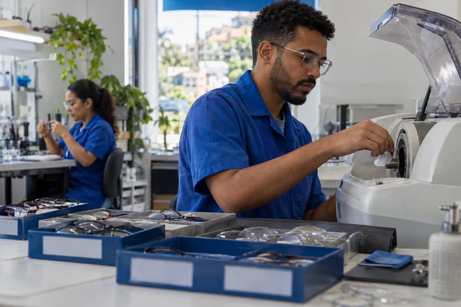 Técnico colocando uma lente numa máquina de montagem num laboratório óptico, com caixas de pedidos e armações sobre a bancada