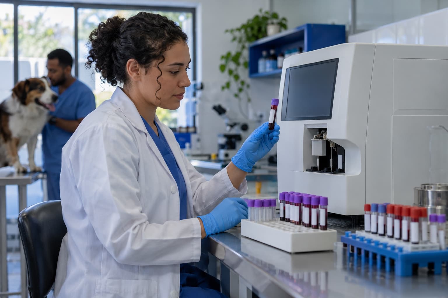 Técnica de laboratório de jaleco e luvas azuis analisando amostras de sangue animal num analisador hematológico, com tubos identificados em estantes