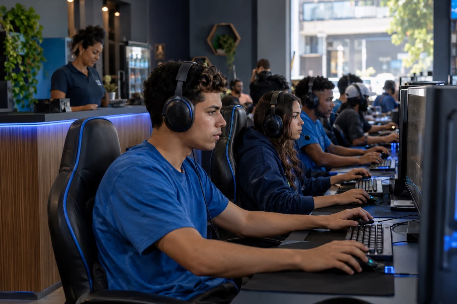 Jovens jogando com headsets em fileiras de computadores gamer enquanto o atendente acompanha do balcão