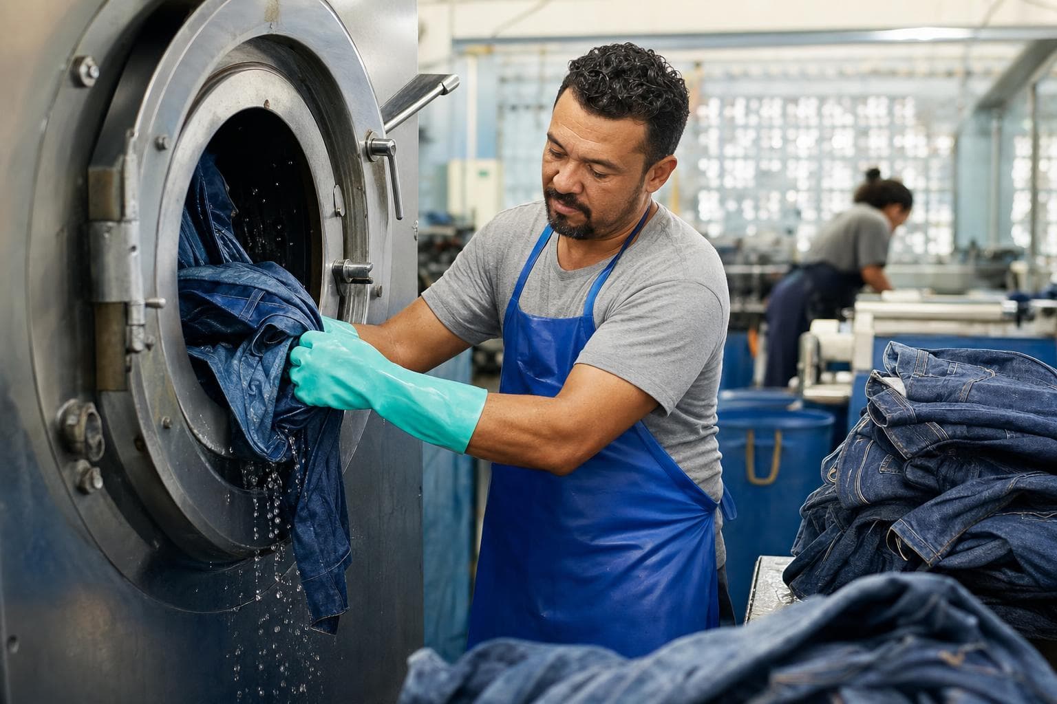 Operador retirando calças jeans de uma máquina de lavagem industrial