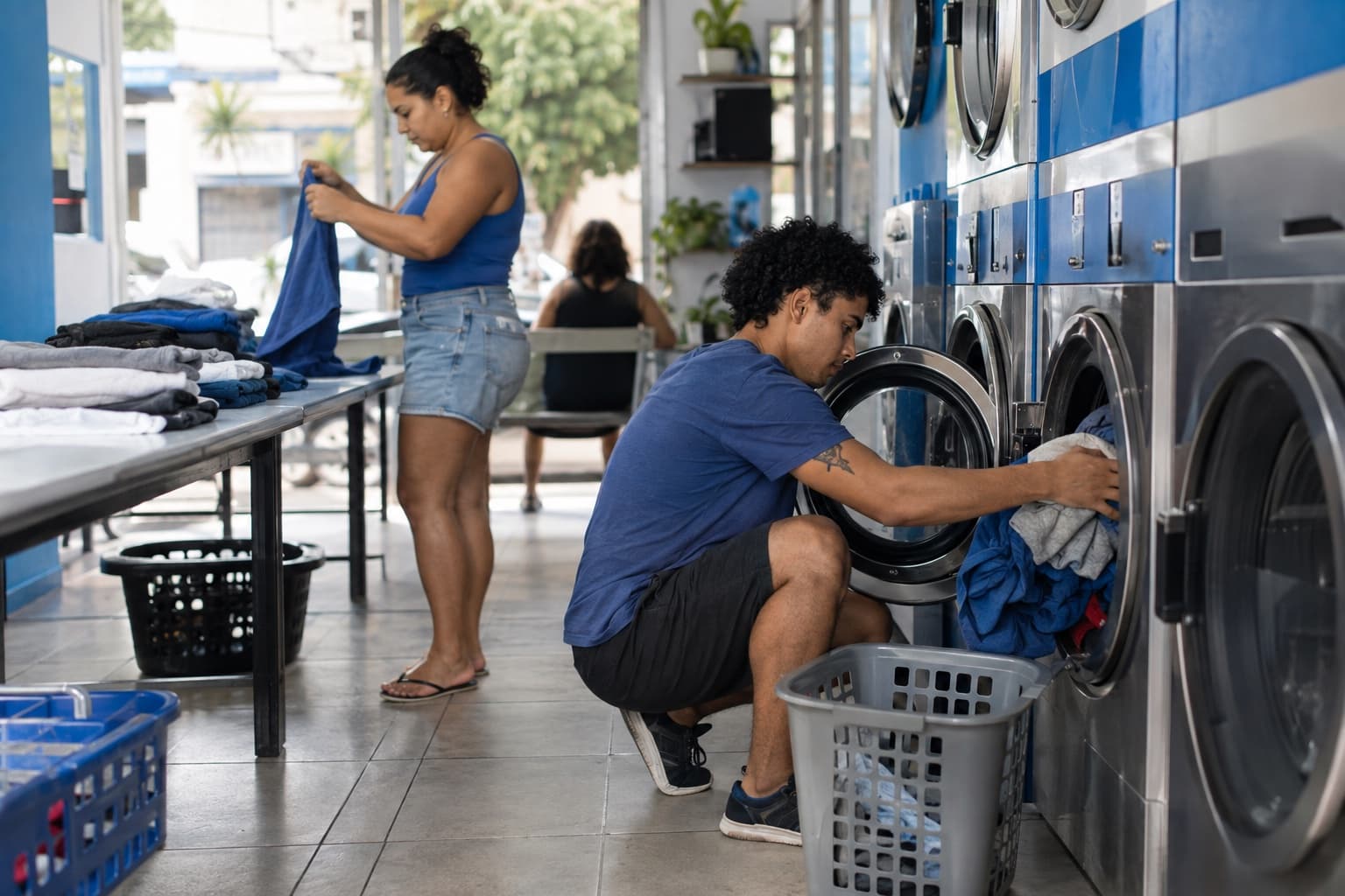 Lavanderia self-service com fileira de lavadoras e secadoras de abertura frontal, um rapaz colocando roupas na lavadora e outra cliente dobrando roupas na mesa