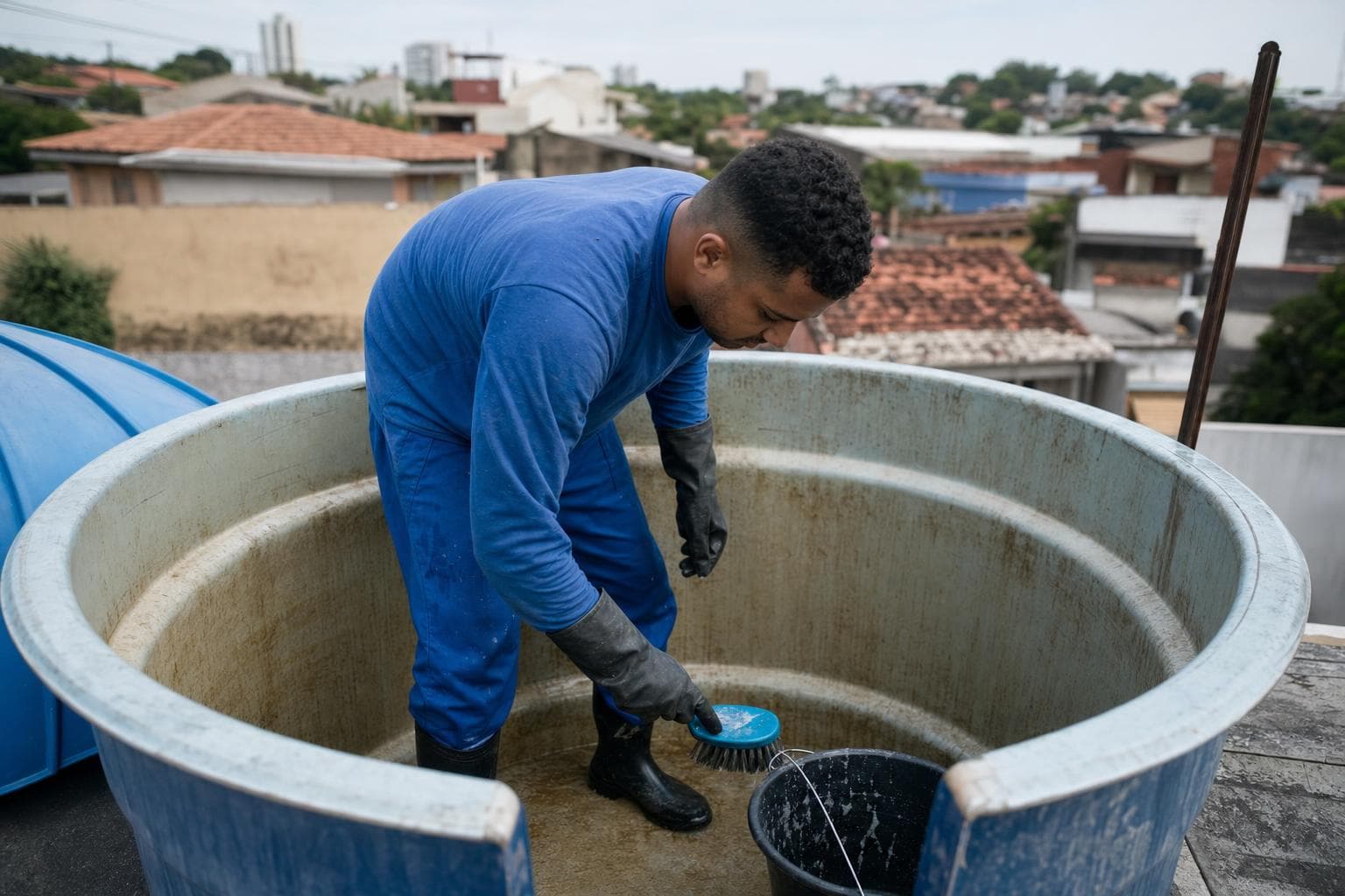 Técnico com botas e luvas limpando o interior de uma caixa d'água de fibra na cobertura de um prédio