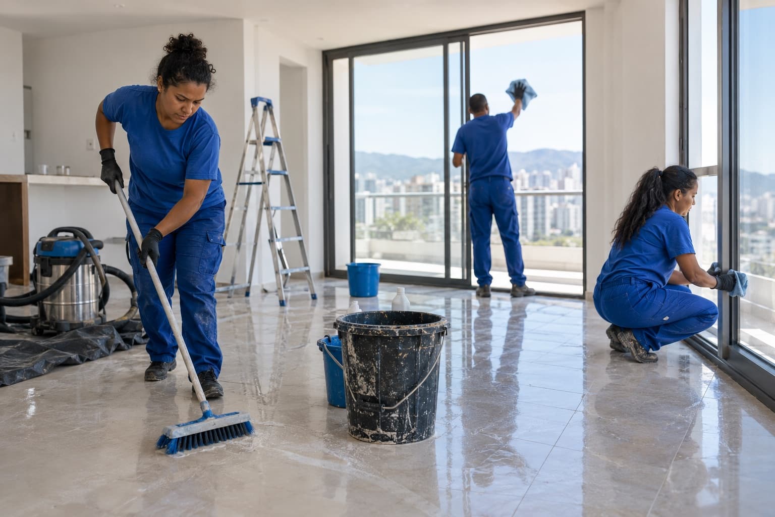 Equipe de limpeza de uniforme azul removendo manchas de tinta e poeira do piso e das janelas de um apartamento recém-terminado, com baldes e equipamentos