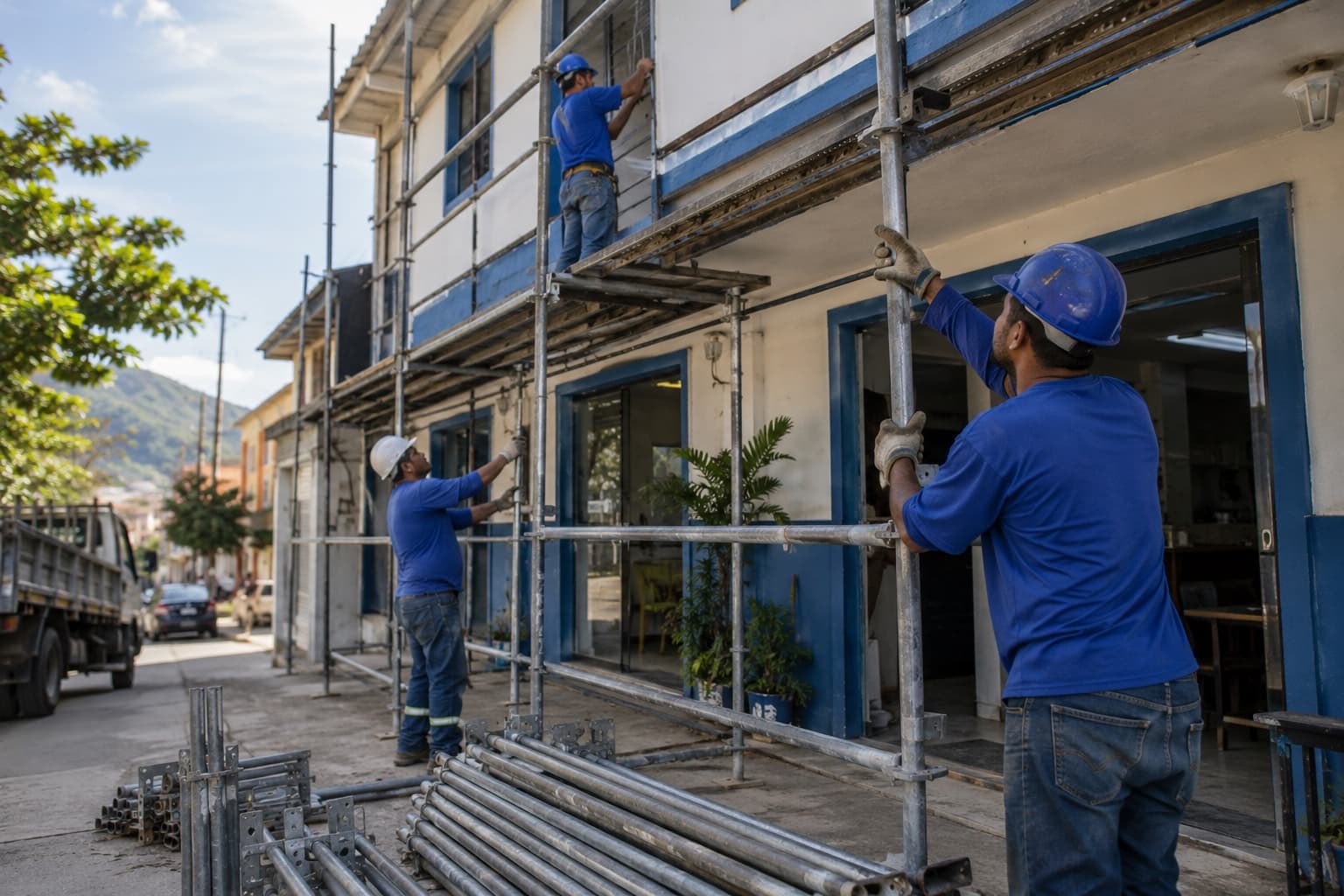 Trabalhadores montando andaime tubular na fachada de um sobrado com peças empilhadas na calçada