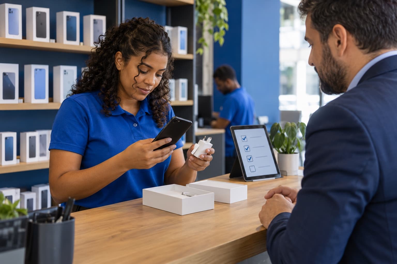 Funcionário de polo azul conferindo um smartphone e o carregador antes de entregar a um cliente empresarial, com caixas de celulares nas prateleiras e um tablet com checklist