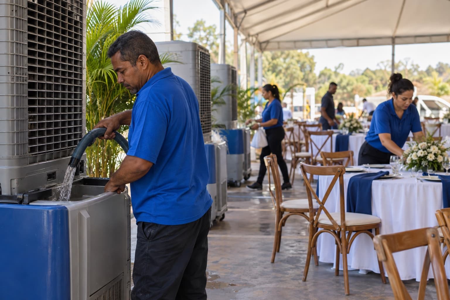 Técnico de camisa azul enchendo o reservatório de um climatizador evaporativo com mangueira numa tenda de evento, enquanto a equipe arruma mesas redondas