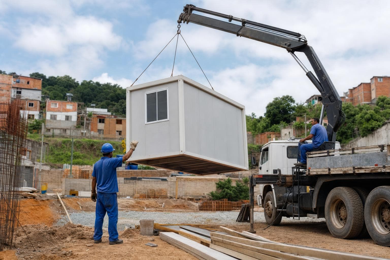 Caminhão munck descarregando um container escritório em um canteiro de obras