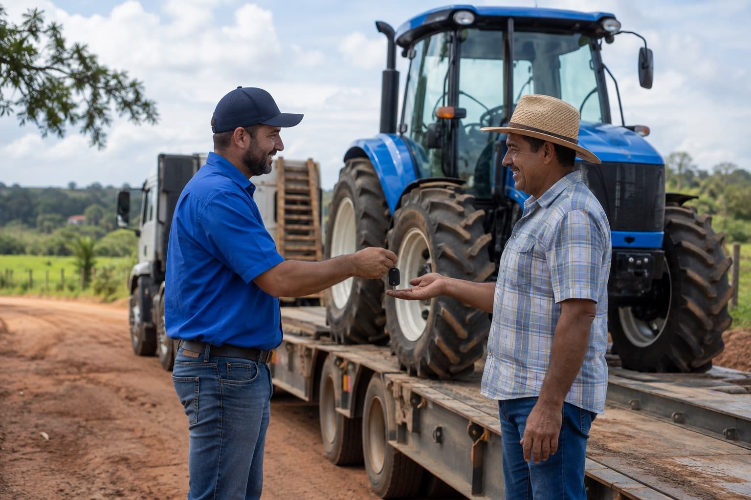 Funcionário de locadora de camisa azul entregando trator a um produtor ao lado de uma carreta prancha em estrada rural de terra