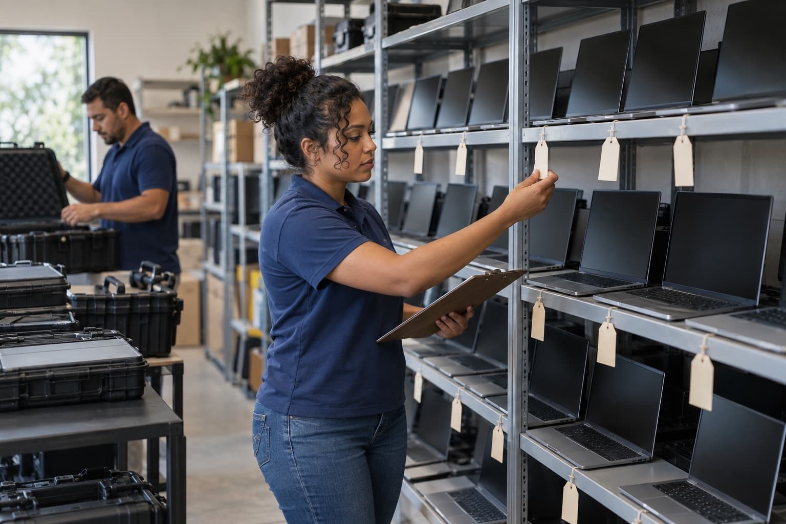 Técnico conferindo e etiquetando notebooks em prateleiras metálicas no estoque de uma locadora, com maletas de transporte prontas