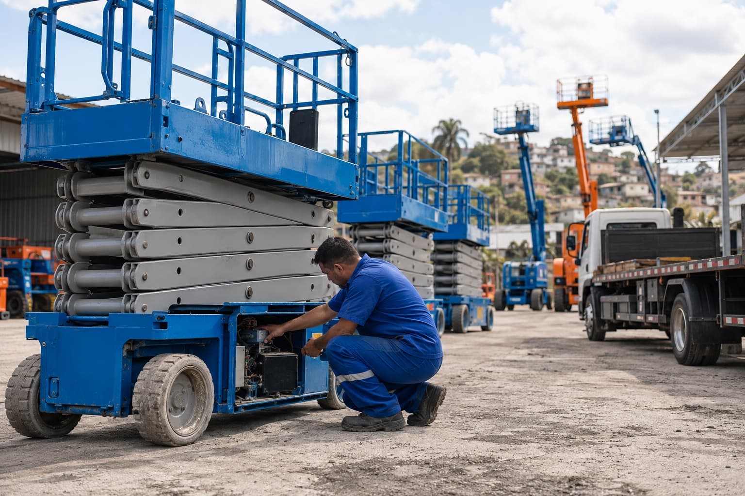 Técnico de macacão azul inspecionando uma plataforma tesoura elétrica antes da entrega, com outras plataformas tesoura e lança enfileiradas e um caminhão prancha