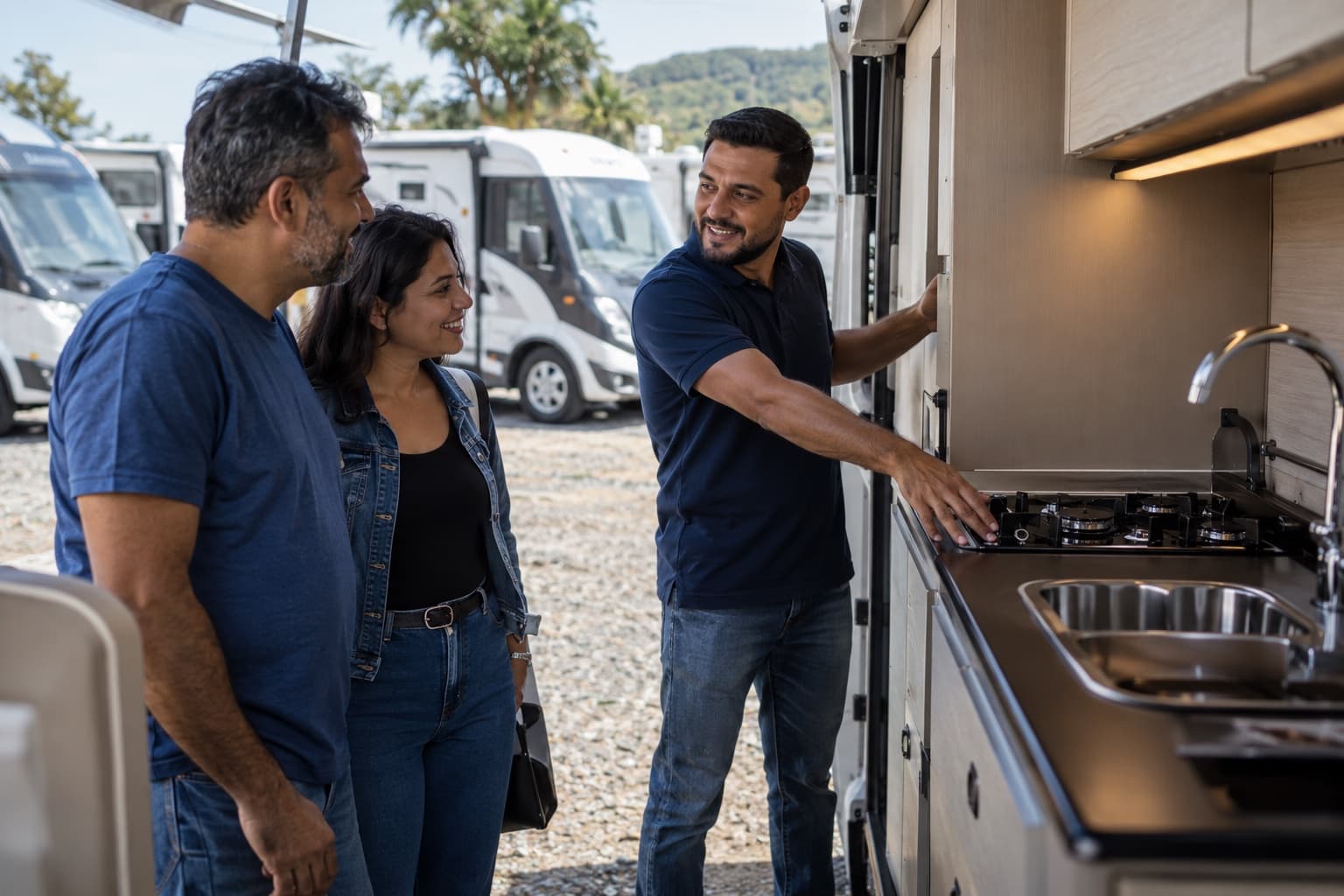 Funcionário mostrando a cozinha de um motorhome a um casal no pátio de uma locadora com outros motorhomes estacionados