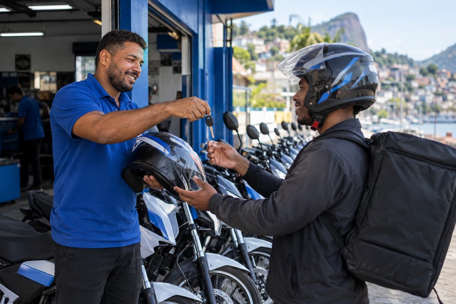 Atendente de polo azul entregando chave e capacete a um entregador ao lado de uma fileira de motos urbanas iguais