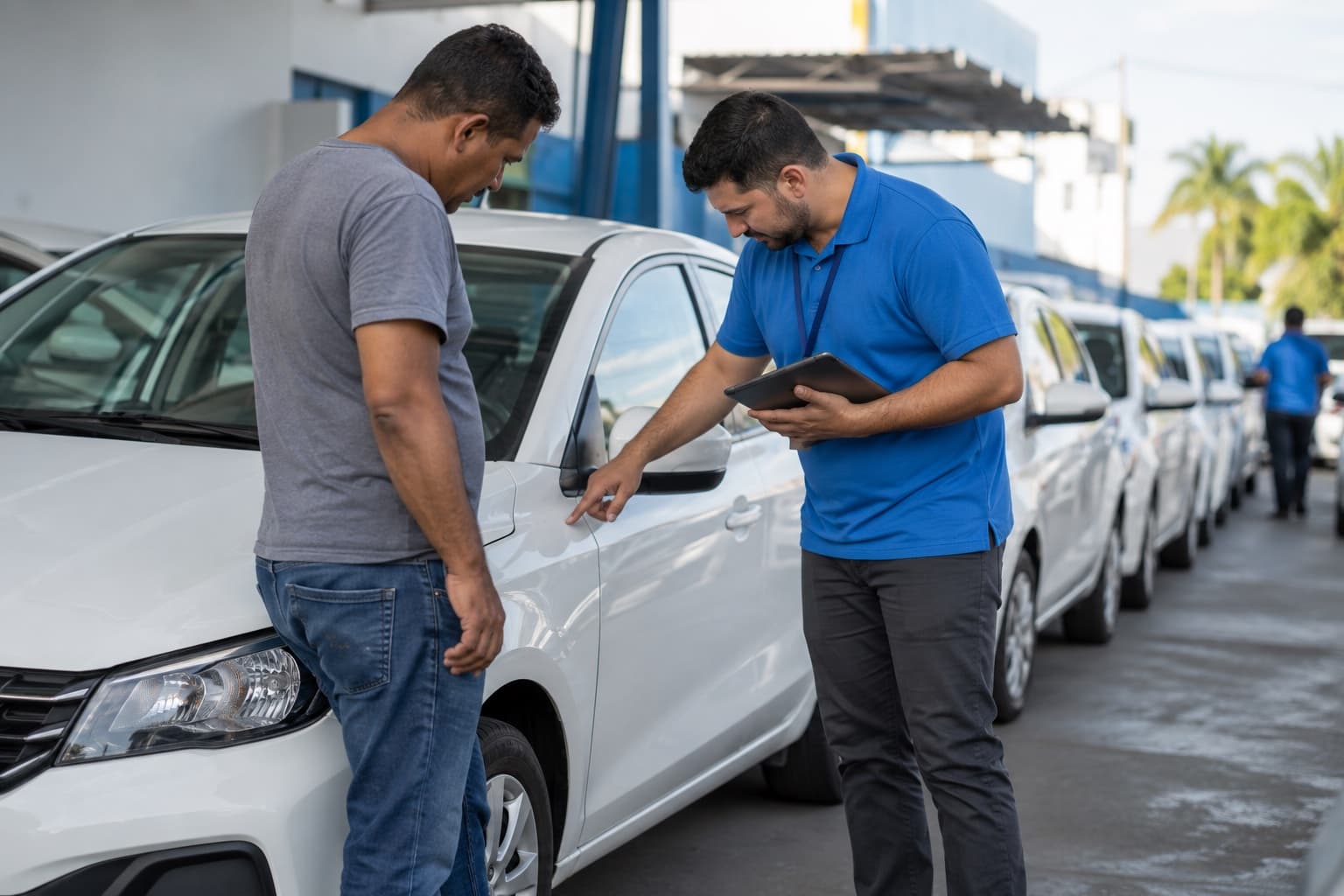 Atendente de camisa azul fazendo a vistoria de um sedã branco com um tablet enquanto o motorista acompanha, numa fileira de carros iguais