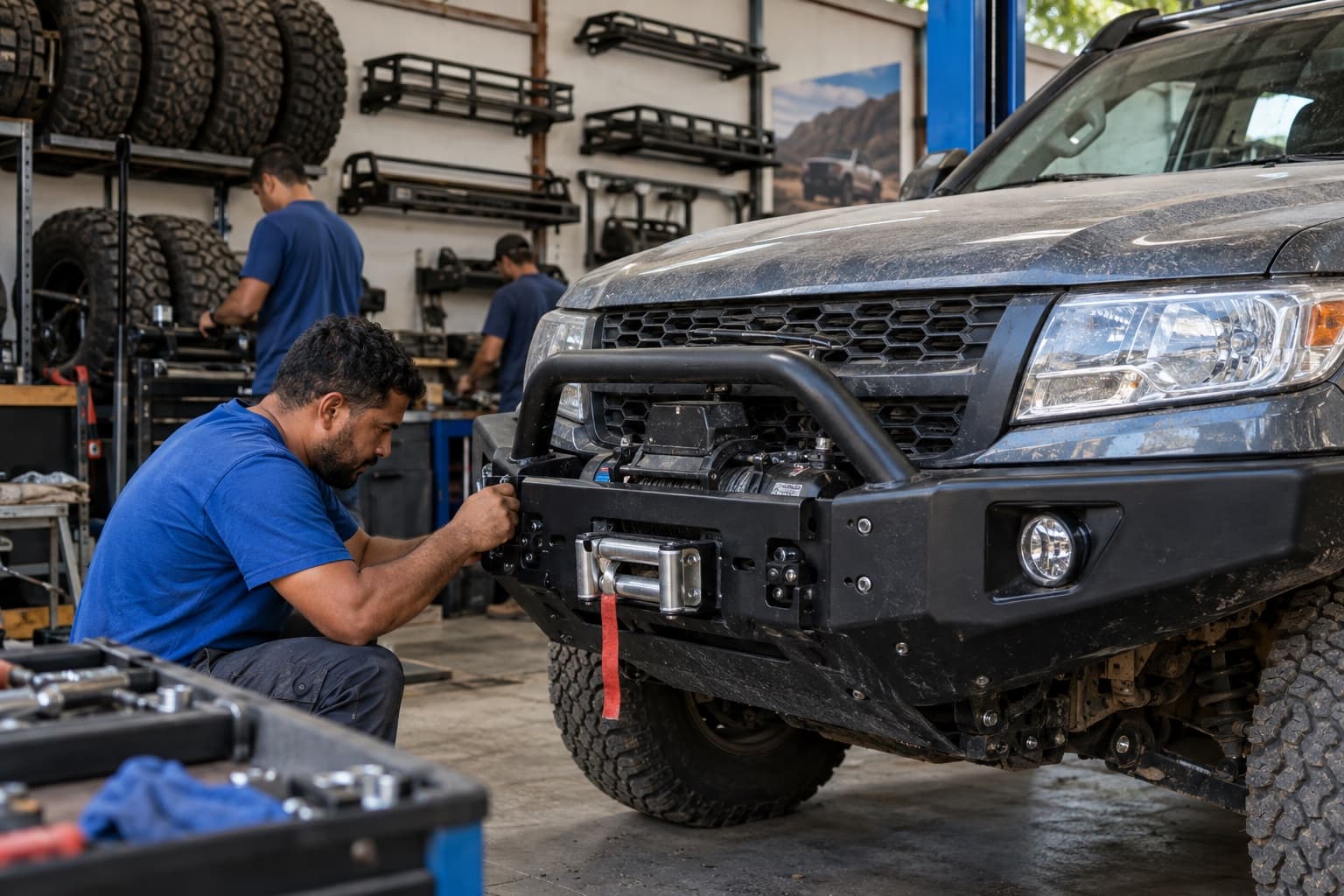 Mecânico de camisa azul instalando um para-choque de aço com guincho na frente de uma picape dentro de uma loja de acessórios off-road