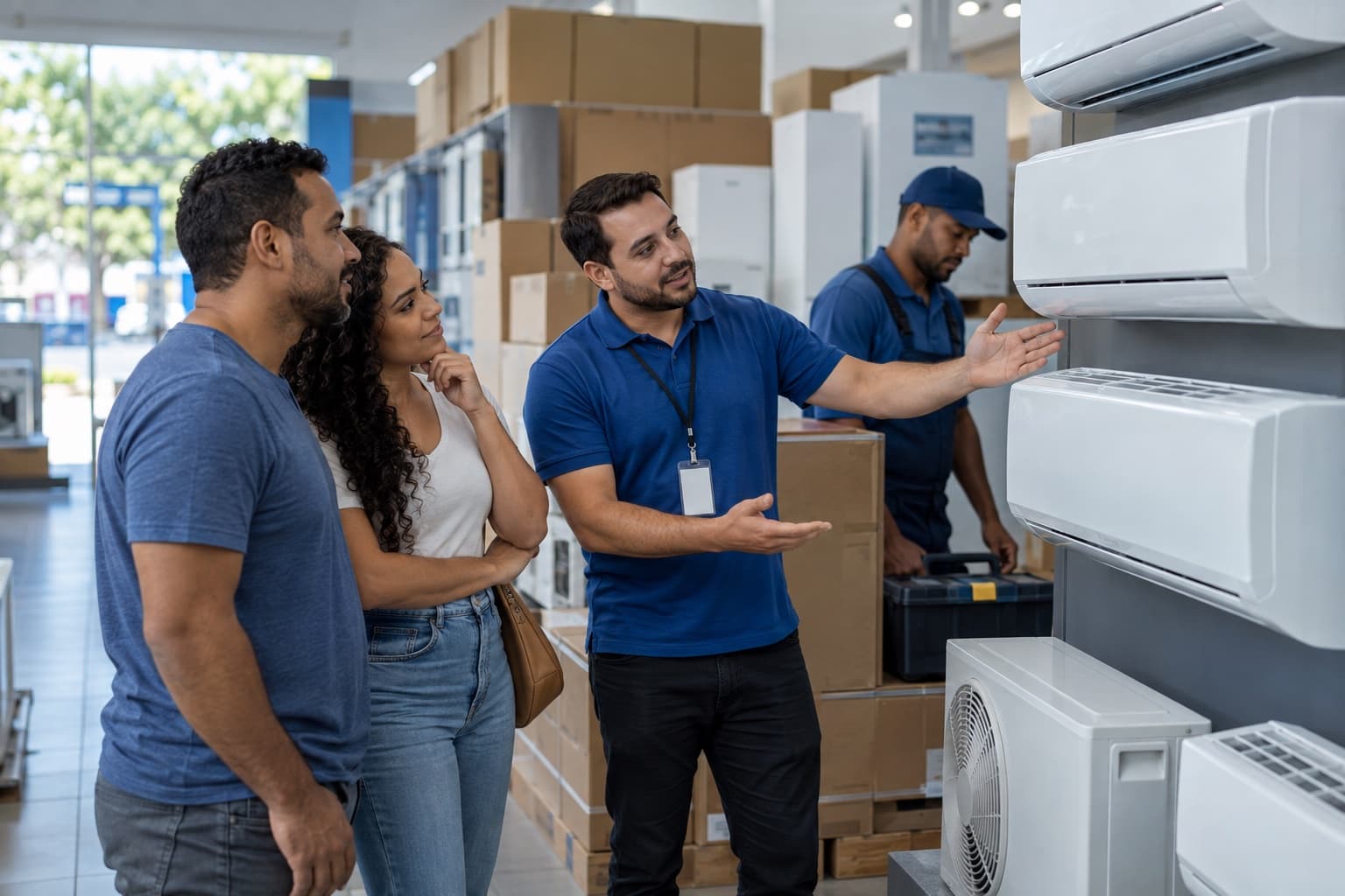 Vendedor de camisa azul mostrando aparelhos split expostos a um casal em loja de ar-condicionado, com caixas empilhadas e instalador com maleta ao fundo