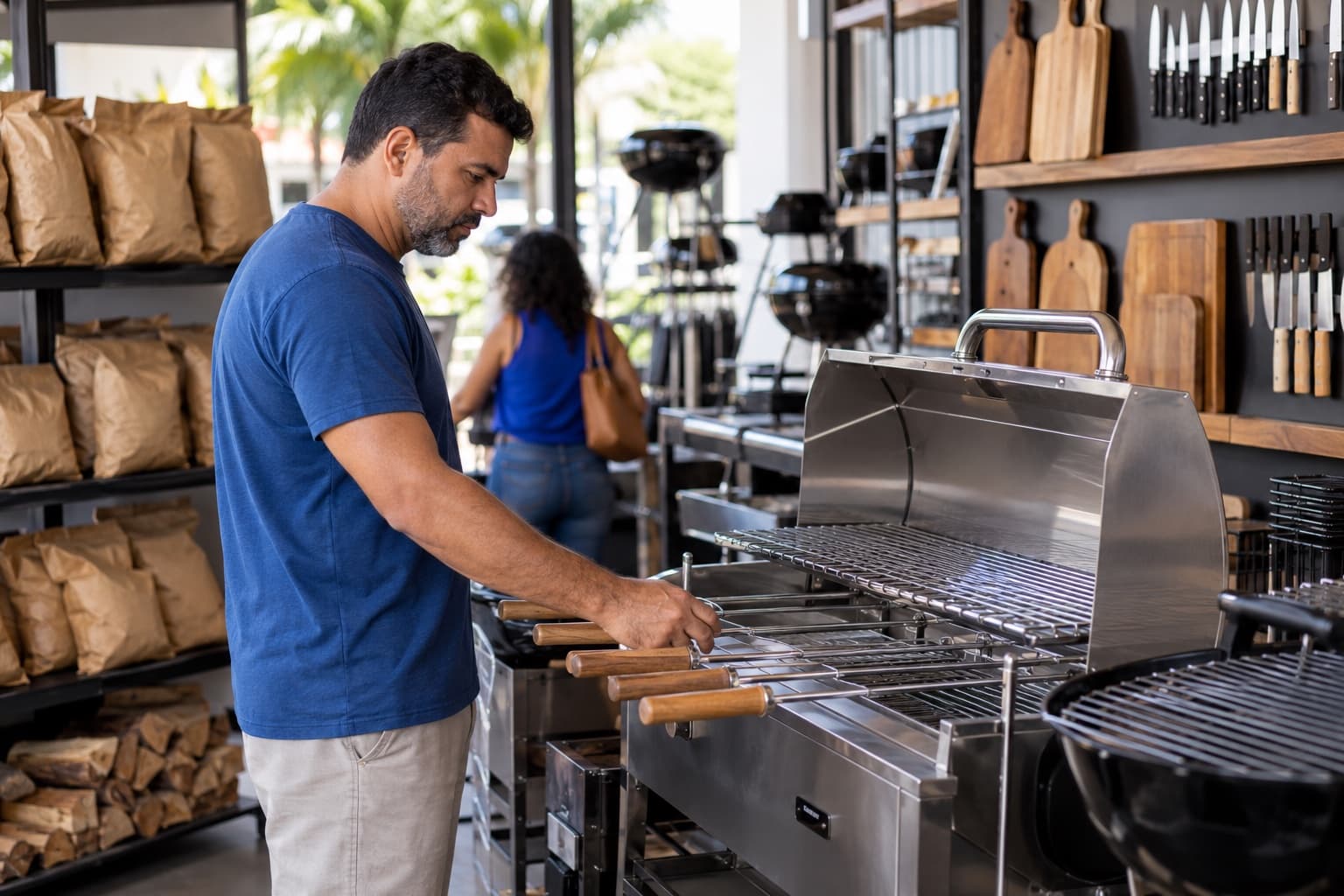 Cliente examinando uma churrasqueira de inox e espetos em loja de artigos para churrasco, com sacos de carvão, facas, tábuas e grelhas expostos