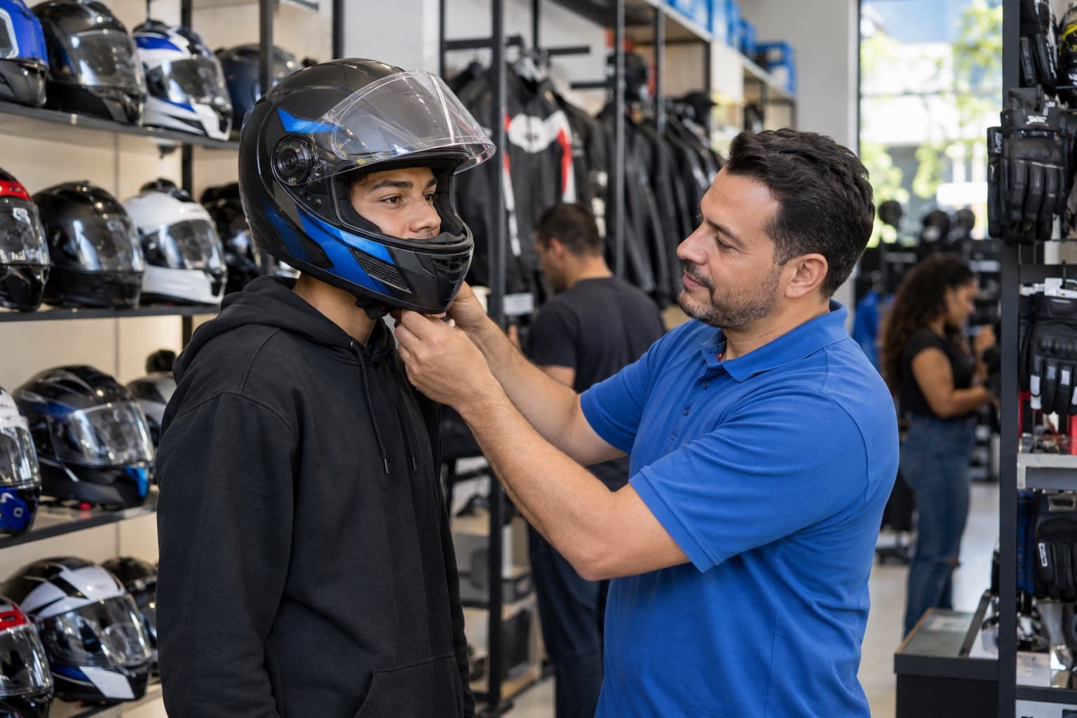 Vendedor de camisa polo azul ajudando um jovem motociclista a provar um capacete fechado numa loja com prateleiras de capacetes, jaquetas e luvas