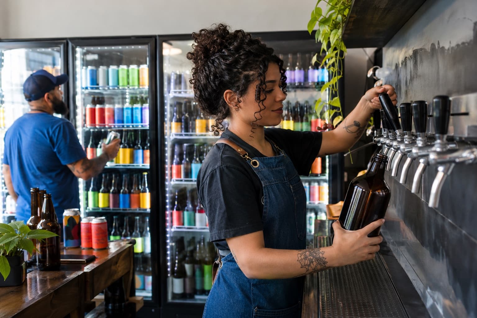 Atendente enchendo um growler numa parede de torneiras em loja de cervejas especiais, com geladeiras cheias de garrafas e latas coloridas