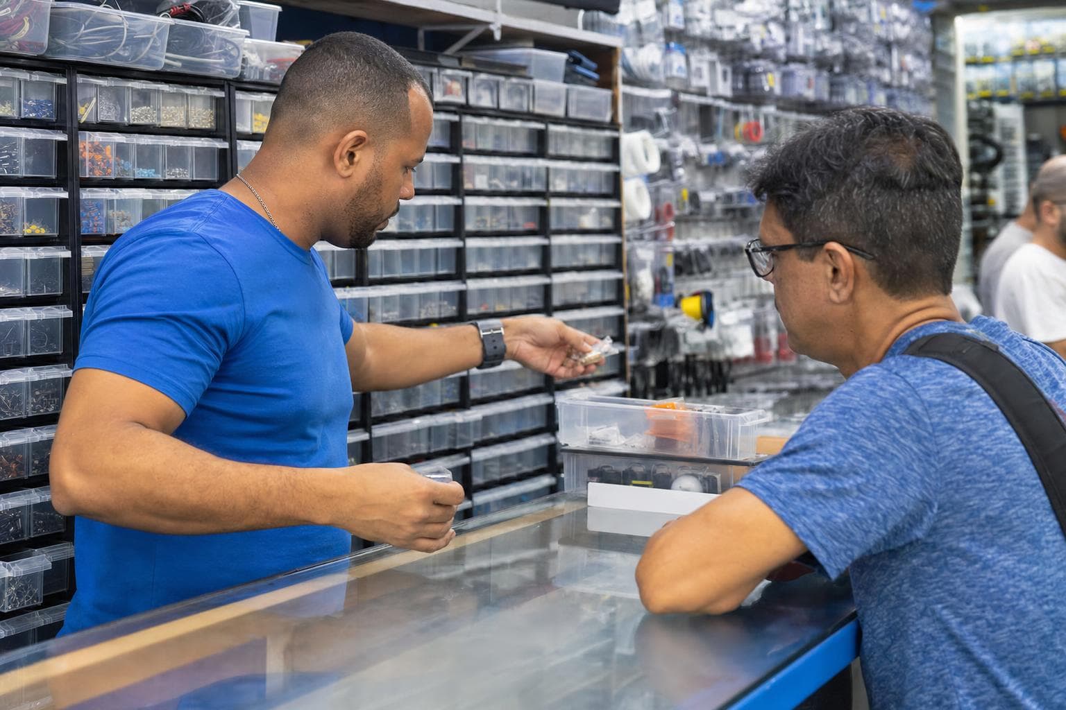 Balconista separando resistores e capacitores de pequenas gavetas para um técnico no balcão