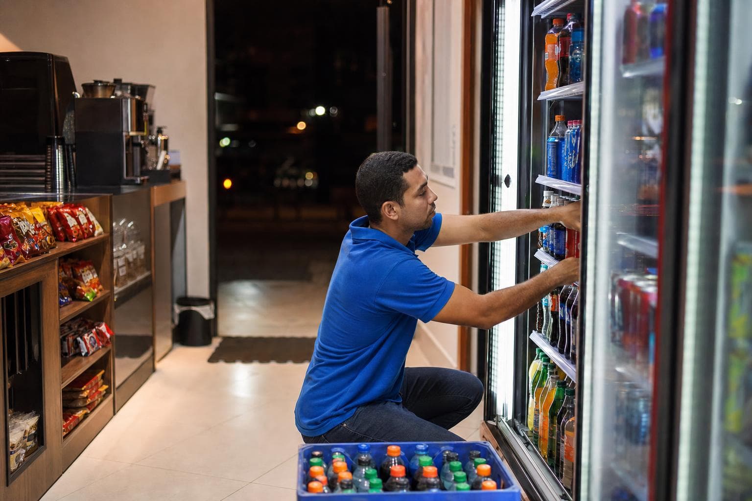 Atendente reabastecendo a geladeira de bebidas em uma loja de conveniência à noite