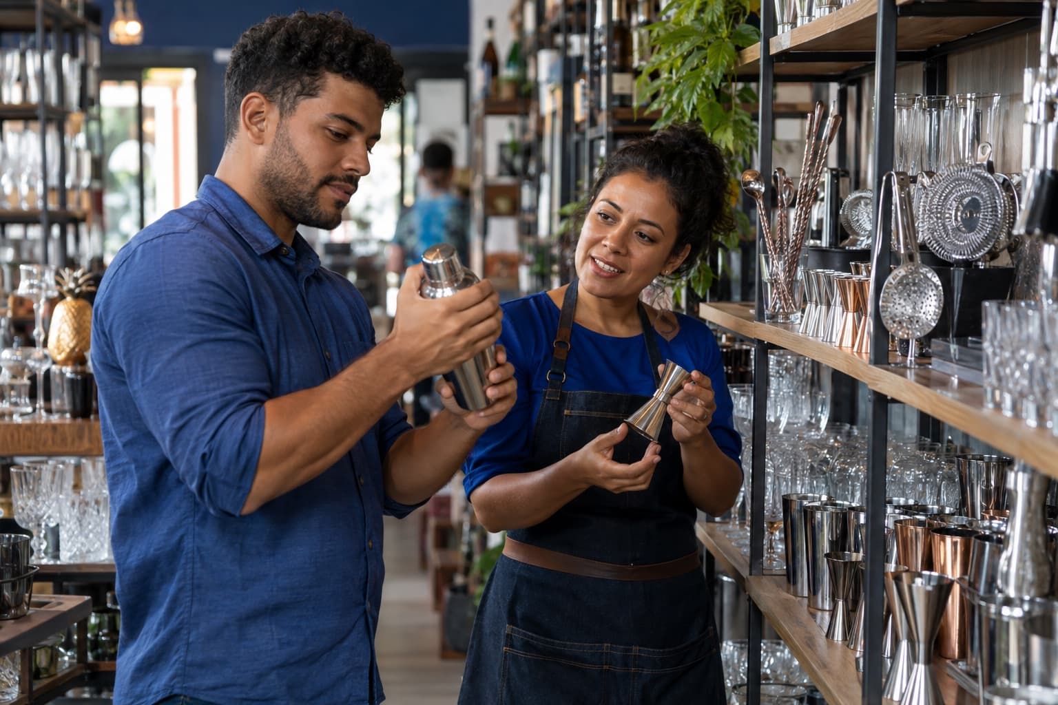 Bartender de camisa azul testando uma coqueteleira de inox enquanto a vendedora mostra jiggers e coadores em prateleiras com taças e copos