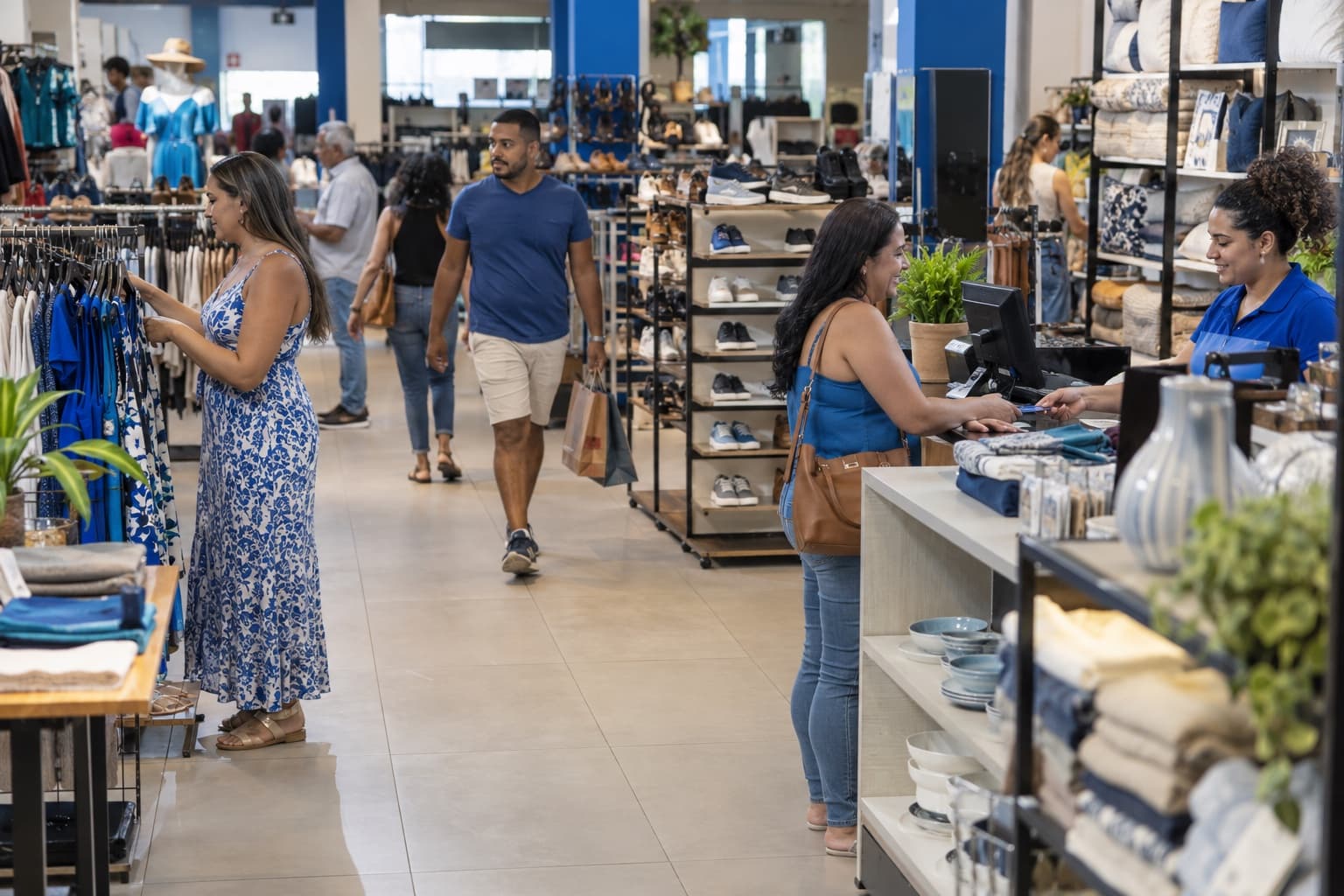 Salão de uma loja de departamento com araras de roupas, seção de calçados e utilidades e clientes no caixa