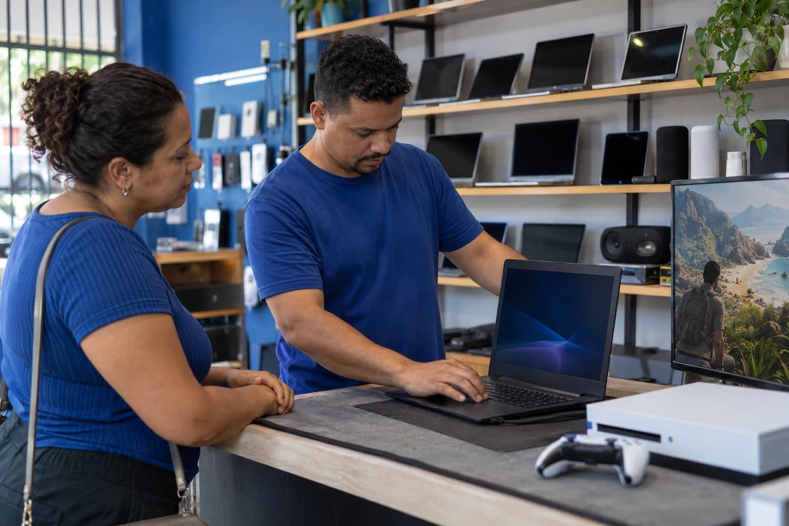 Técnico de camisa azul testando um notebook usado e um console no balcão enquanto o cliente observa, com prateleiras de notebooks, tablets e caixas de som ao fundo