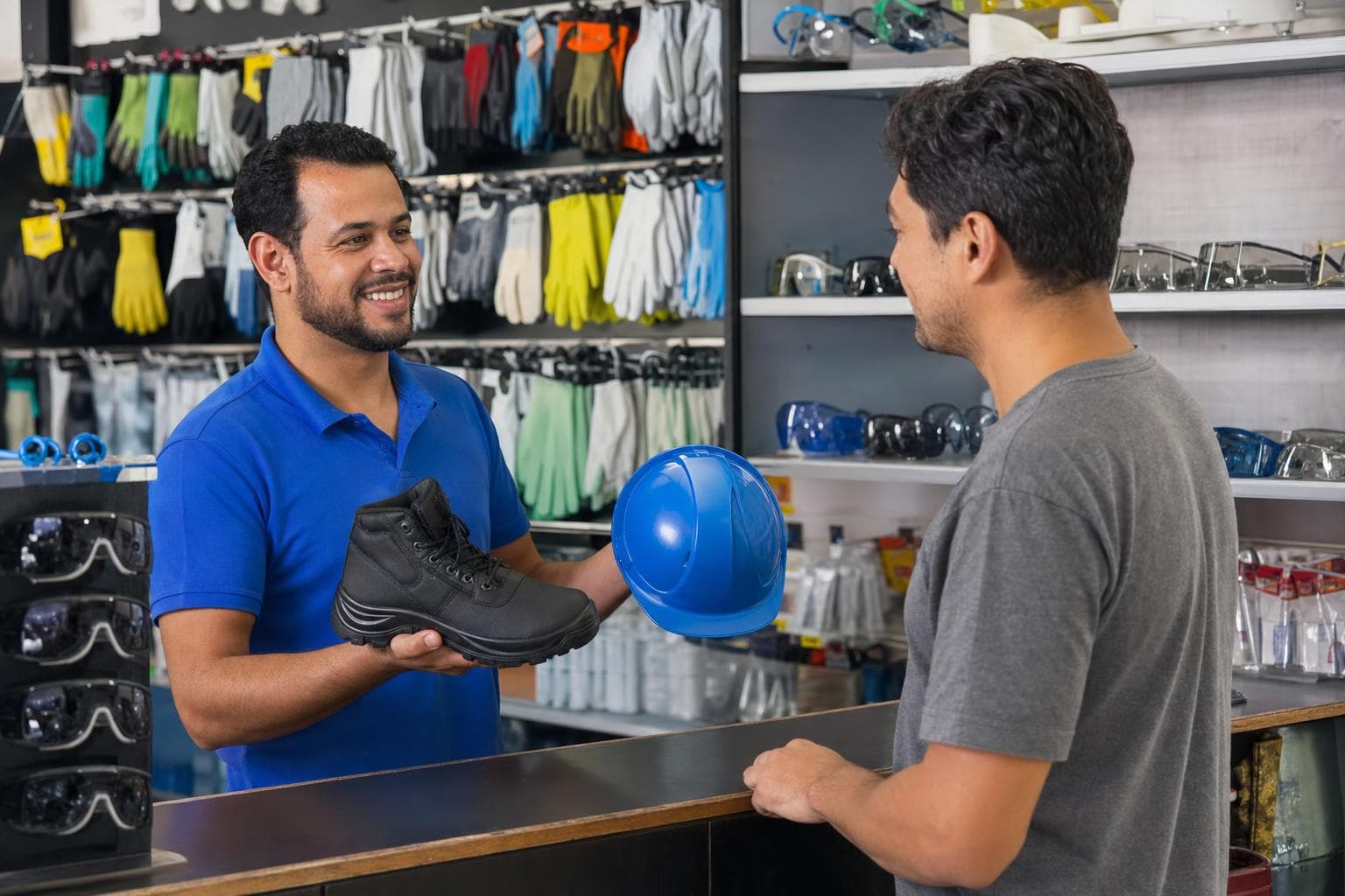 Vendedor mostrando uma botina de segurança e um capacete a um cliente no balcão de uma loja de EPI