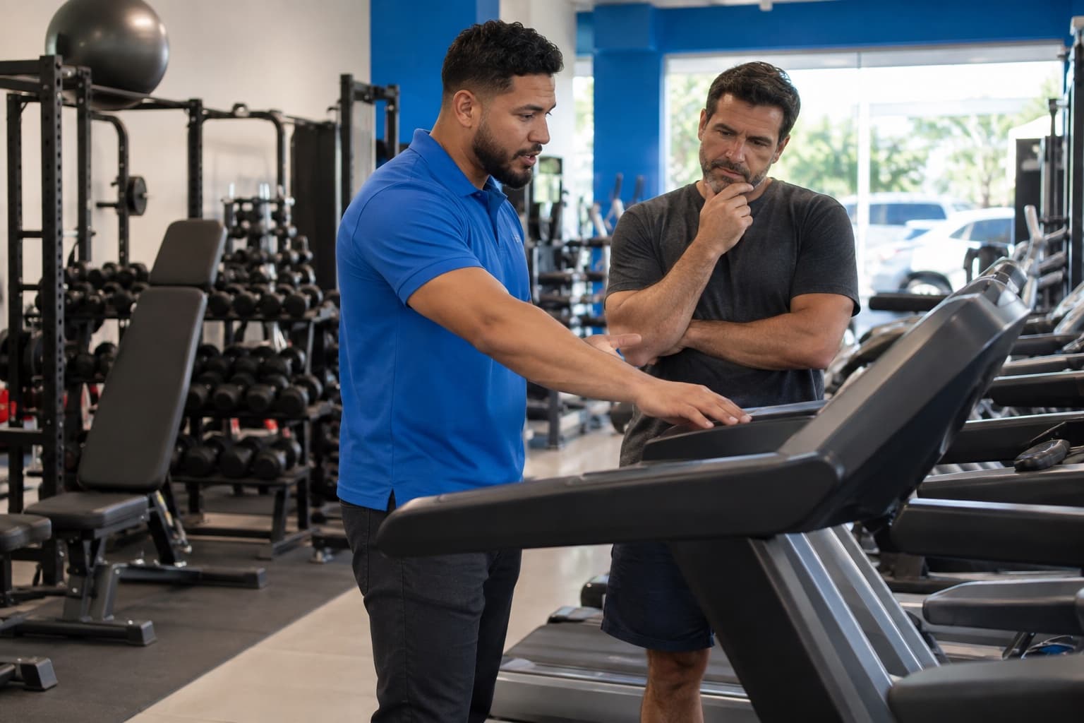 Loja de equipamentos de academia com esteiras, bancos de musculação e suporte de halteres, vendedor de camisa polo azul mostrando uma esteira a um dono de academia
