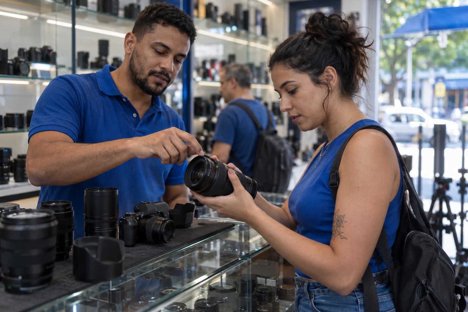 Vendedor ajudando um cliente a testar uma lente no balcão de uma loja de equipamentos fotográficos, com vitrines de lentes e câmeras