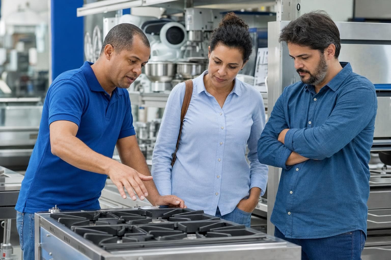 Vendedor apresentando um fogão industrial a um casal de donos de restaurante em um showroom de equipamentos