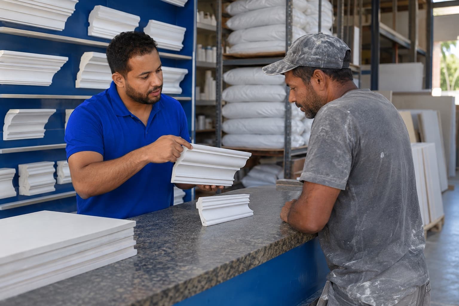 Atendente de camisa azul mostrando uma amostra de moldura de gesso a um gesseiro no balcão, com sancas, placas e sacos de gesso nas prateleiras