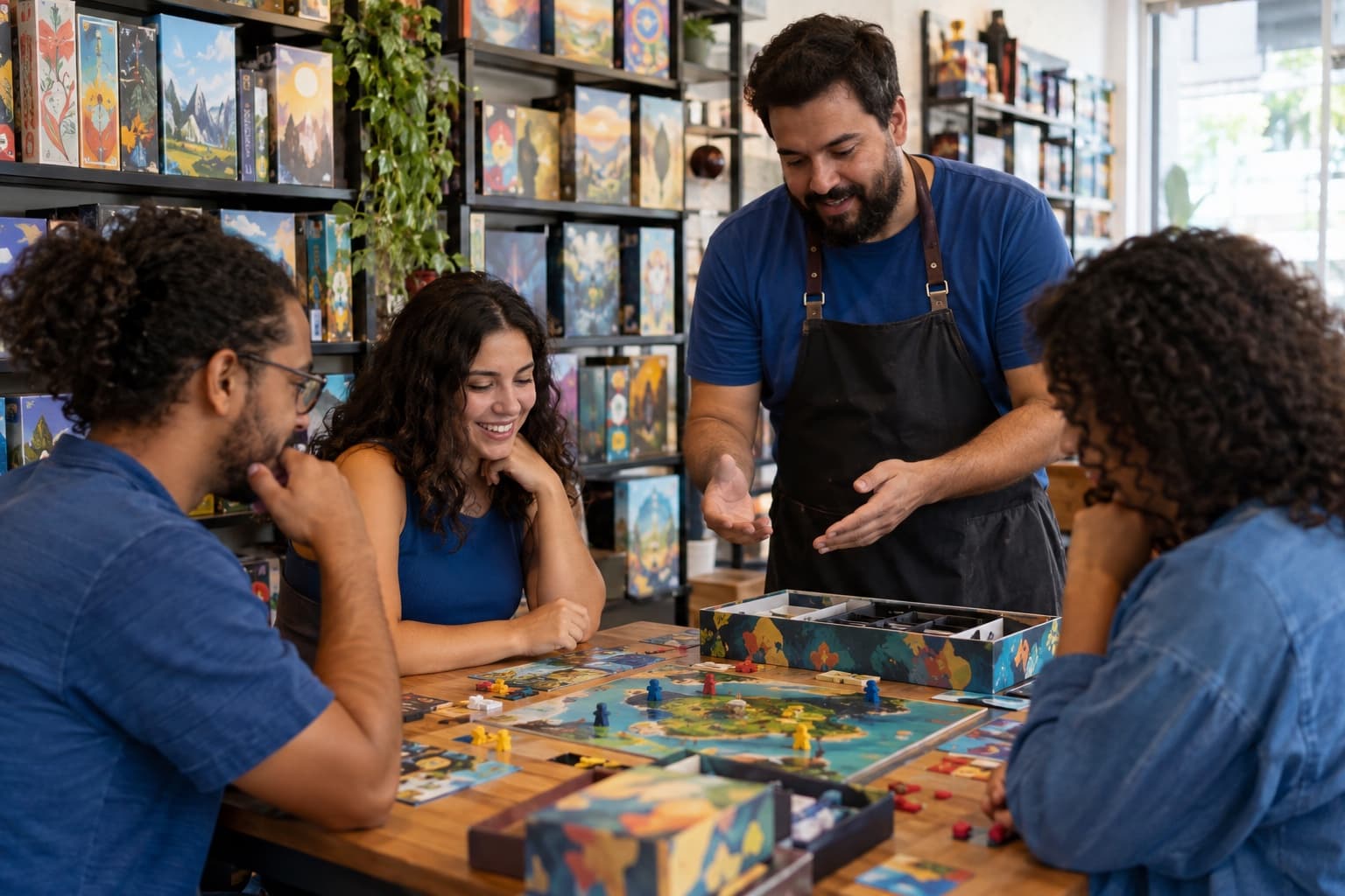 Grupo de amigos jogando um jogo de tabuleiro numa mesa dentro de loja de board games, com prateleiras cheias de caixas coloridas e o dono de camisa azul explicando as regras