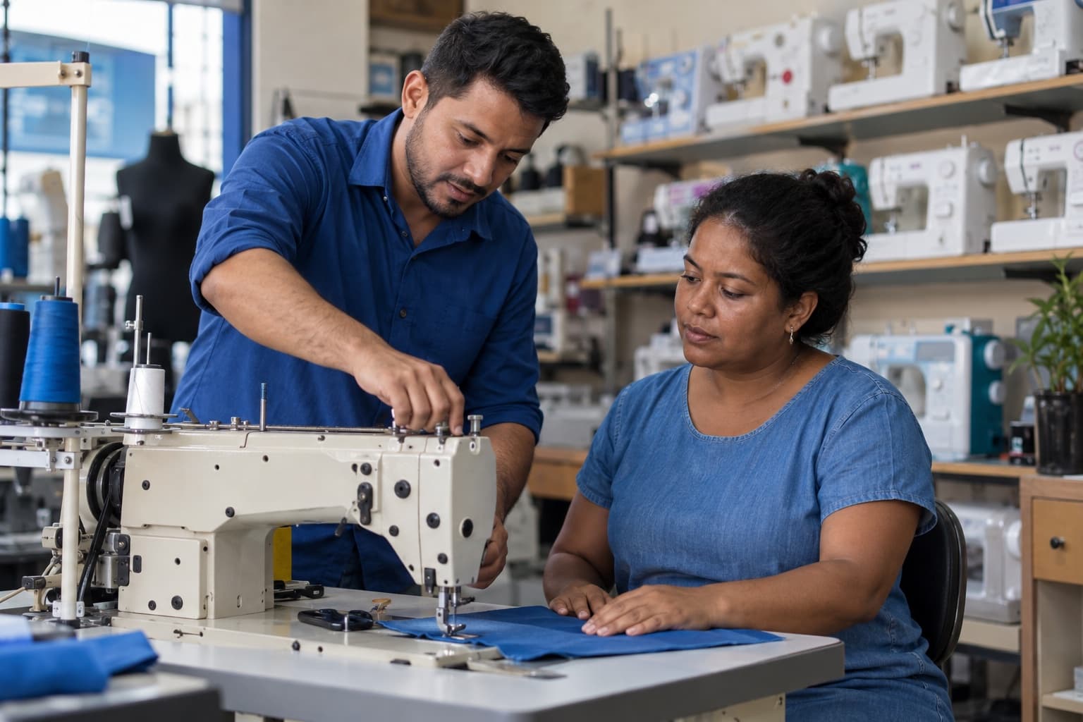 Vendedor de camisa azul demonstrando uma máquina de costura industrial a uma costureira numa loja de máquinas, com máquinas domésticas nas prateleiras