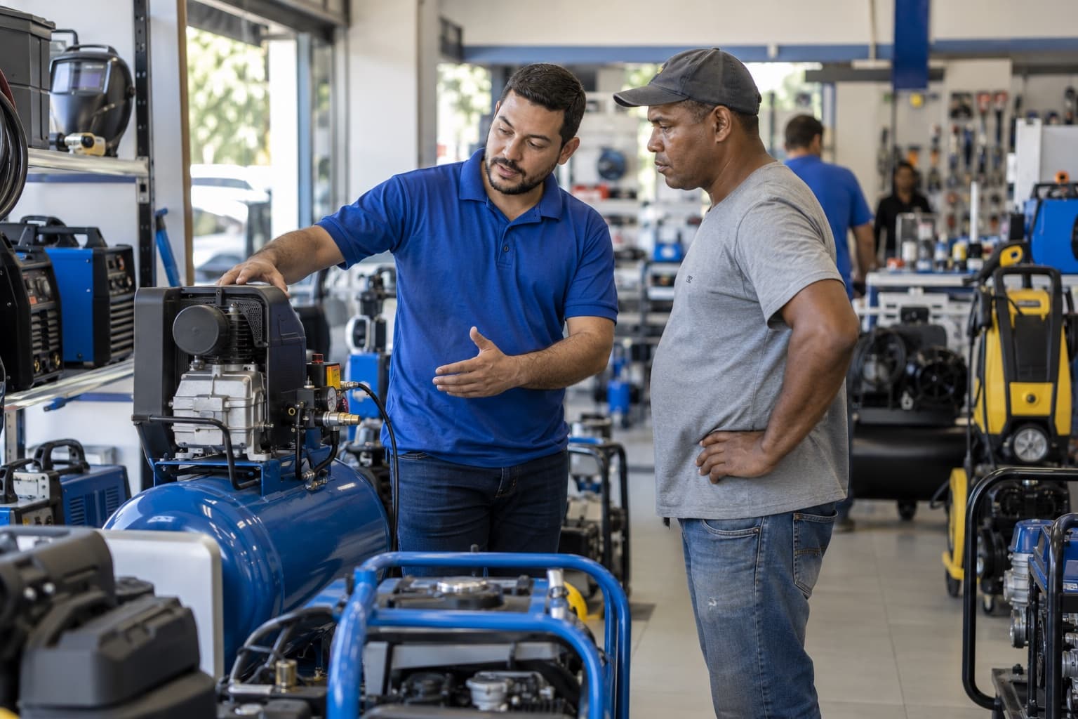 Vendedor de camisa azul explicando um compressor de ar a um cliente empreiteiro no showroom com geradores, máquinas de solda e lavadoras de alta pressão