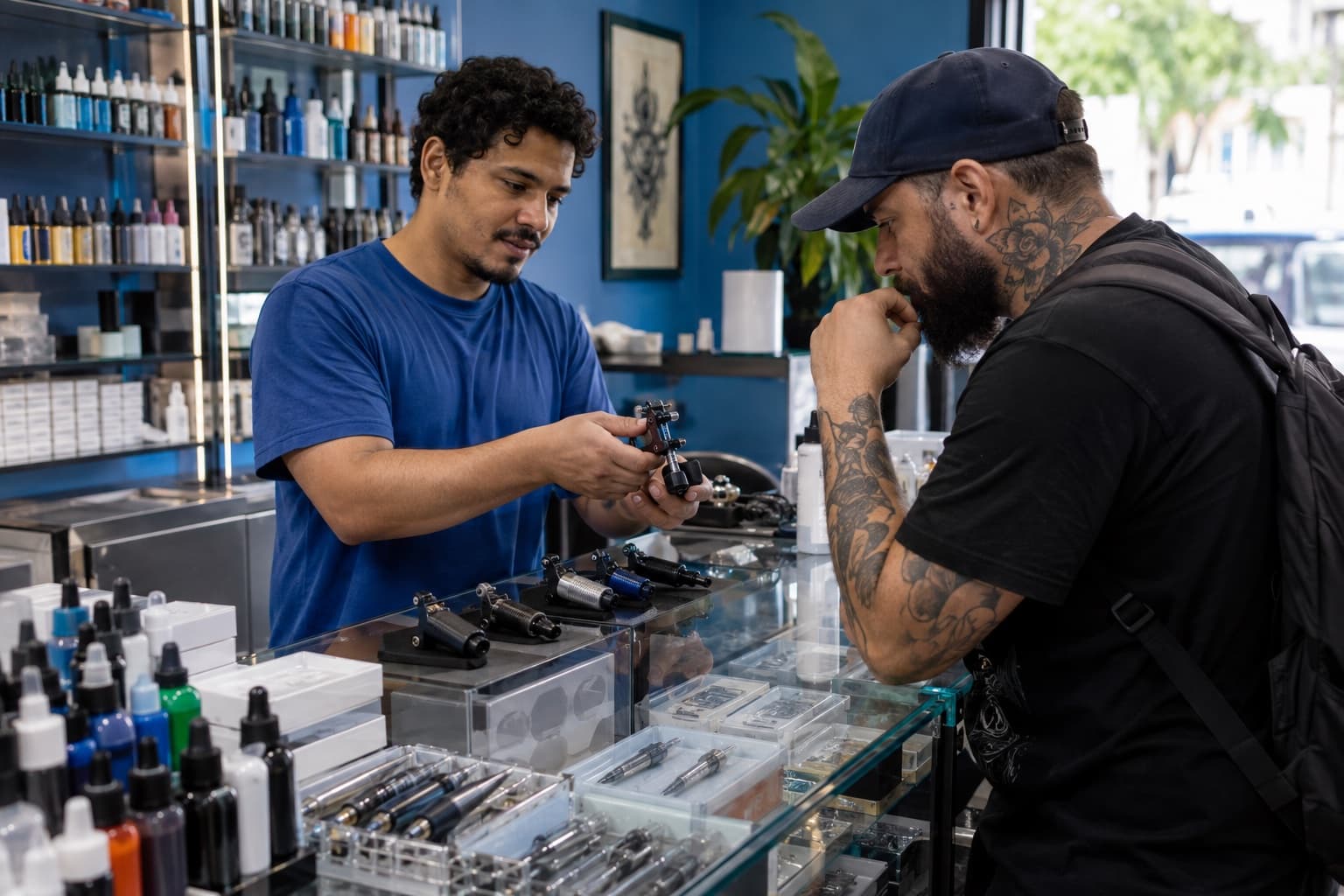 Balcão de loja de materiais para tatuagem com máquinas, cartuchos e frascos de tinta em vitrines, atendente de camisa azul ajudando um tatuador