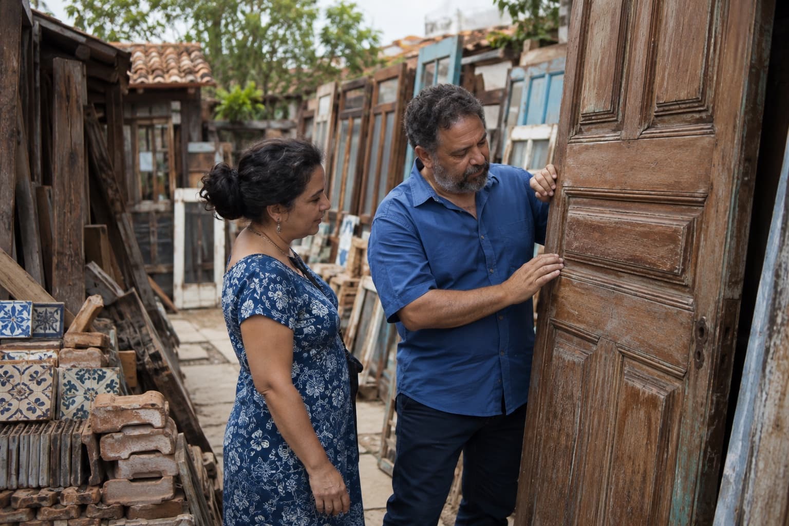 Cliente e dono de camisa azul examinando uma porta antiga de madeira maciça num pátio cheio de portas, janelas, vigas e ladrilhos de demolição