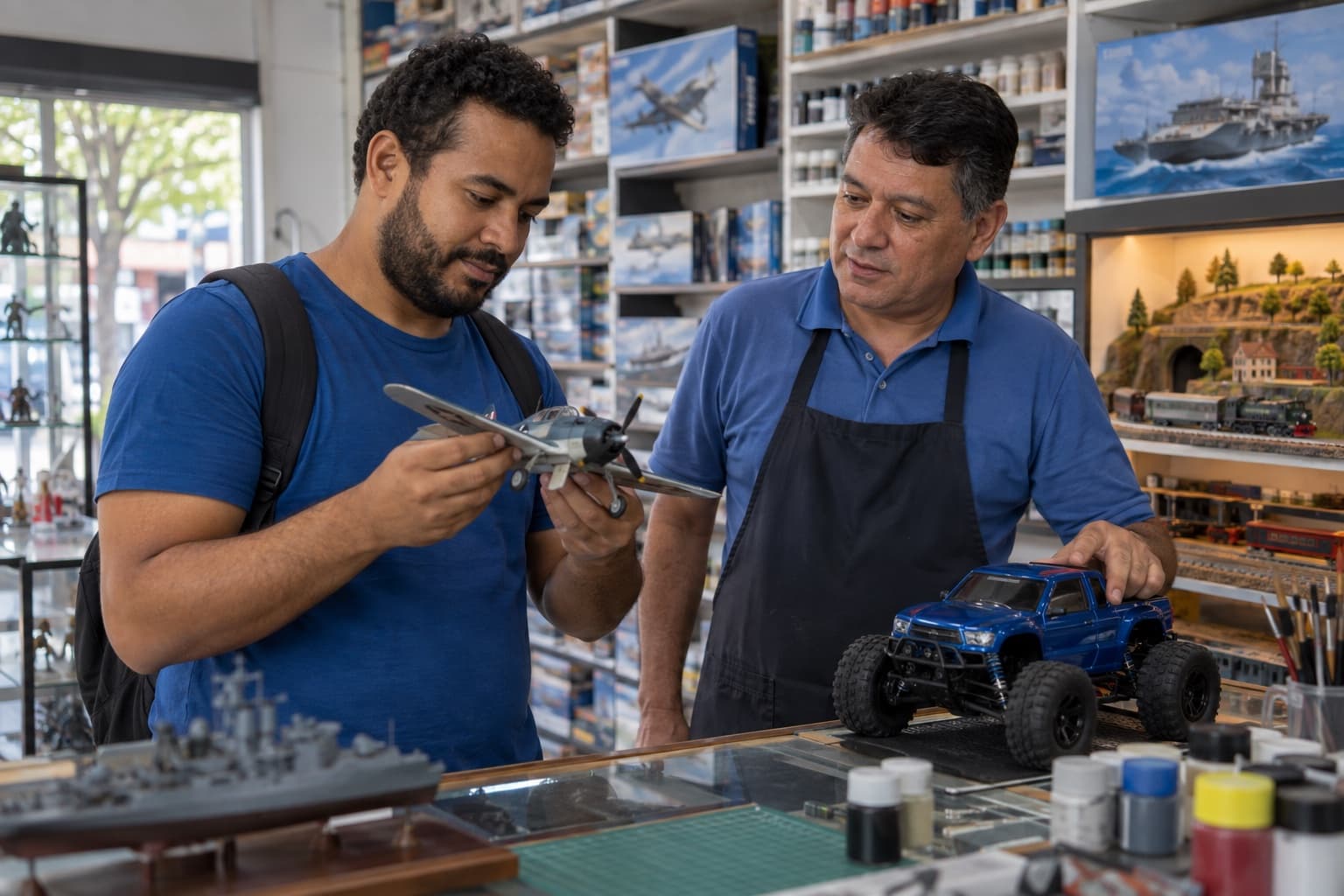 Modelista e dono da loja examinando um avião em escala e um carrinho de controle remoto no balcão, com caixas de kits, potes de tinta e trens em miniatura nas prateleiras