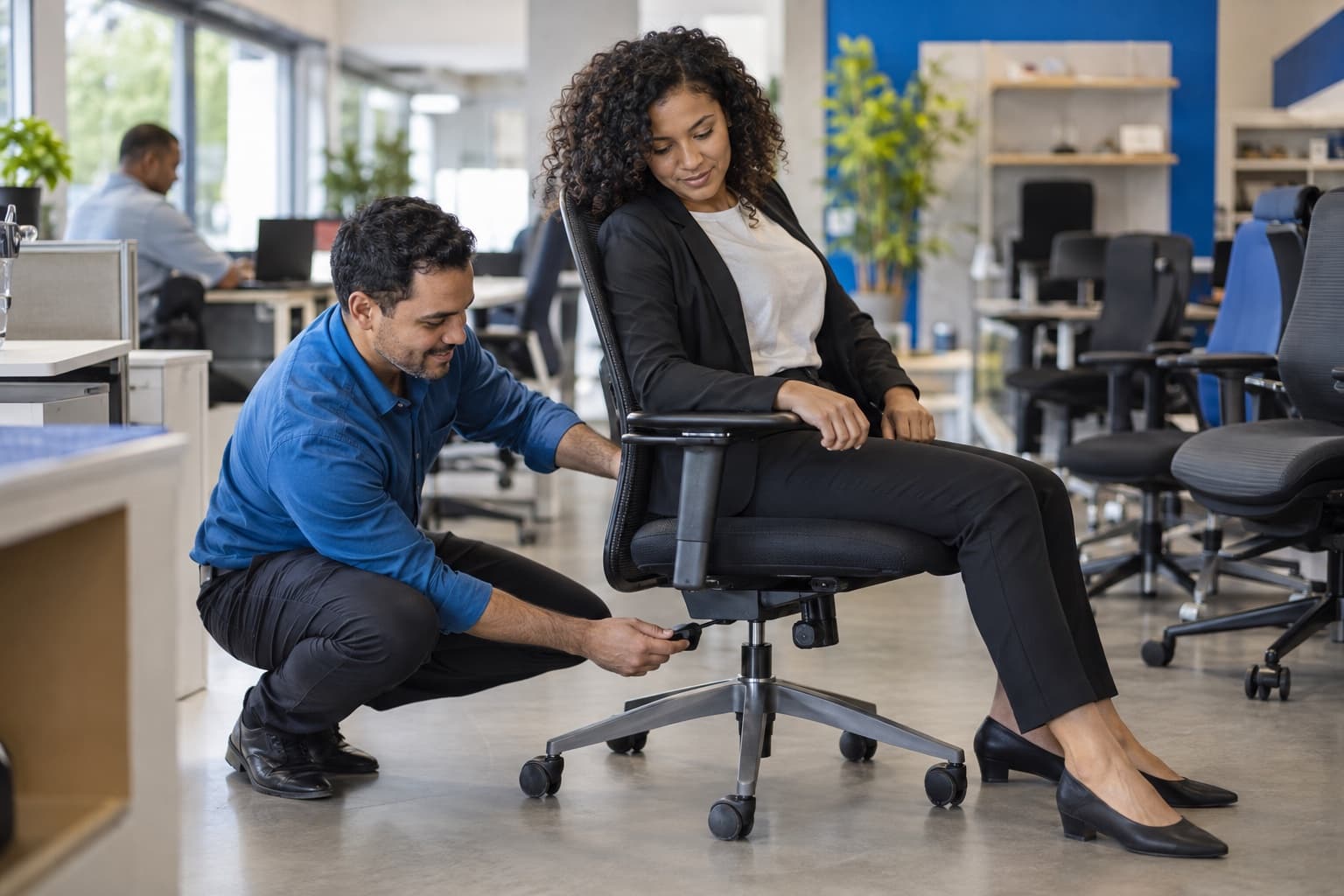 Showroom de móveis para escritório com cadeiras ergonômicas e estações de trabalho, vendedor de camisa azul ajustando uma cadeira para um cliente