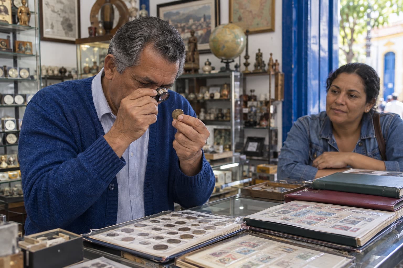Dono de loja de cardigã azul examinando uma moeda antiga com lupa no balcão de uma loja de numismática, com álbuns de moedas e selos sobre o vidro