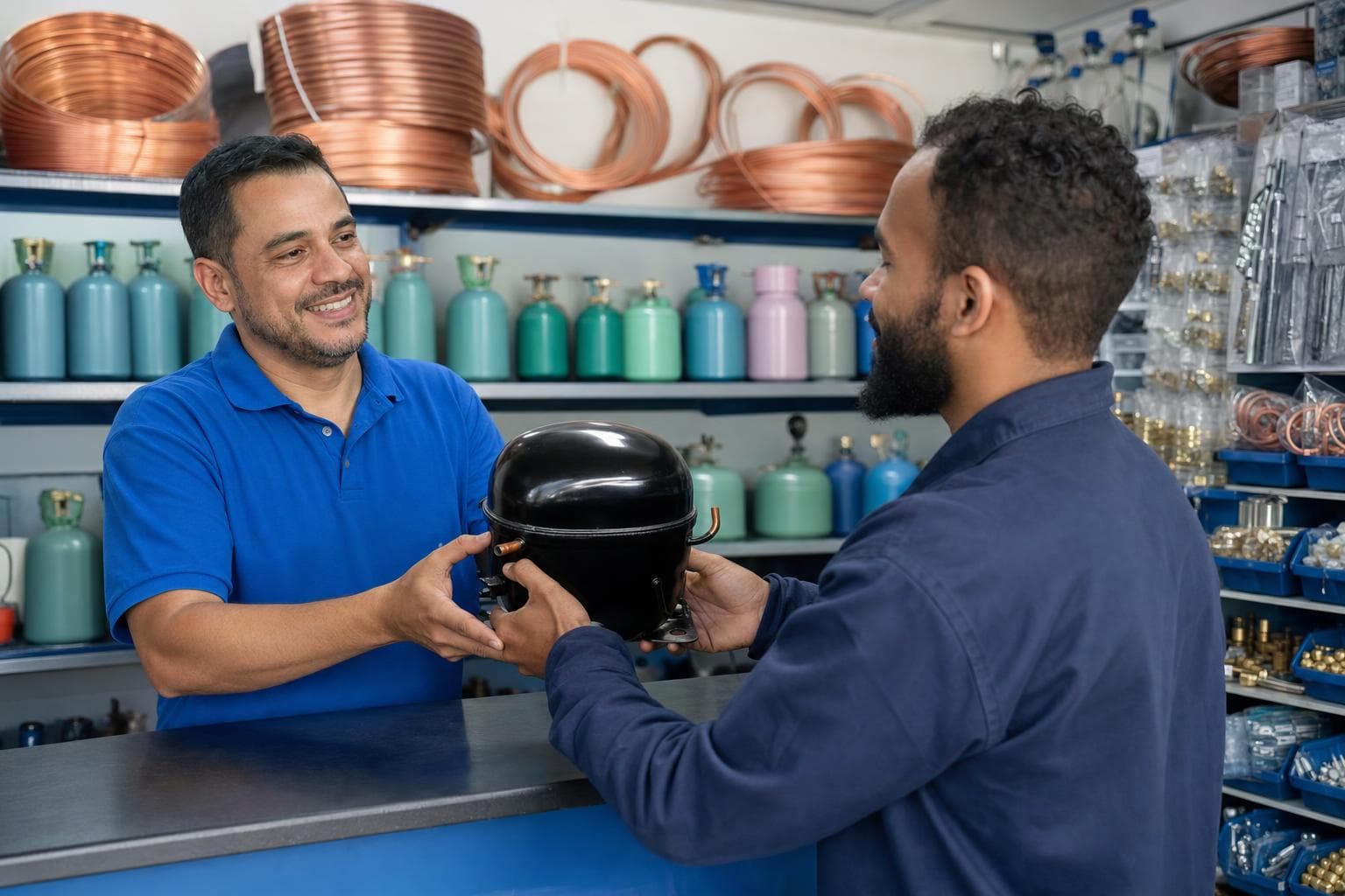 Vendedor entregando um compressor a um técnico de refrigeração no balcão de uma loja de peças