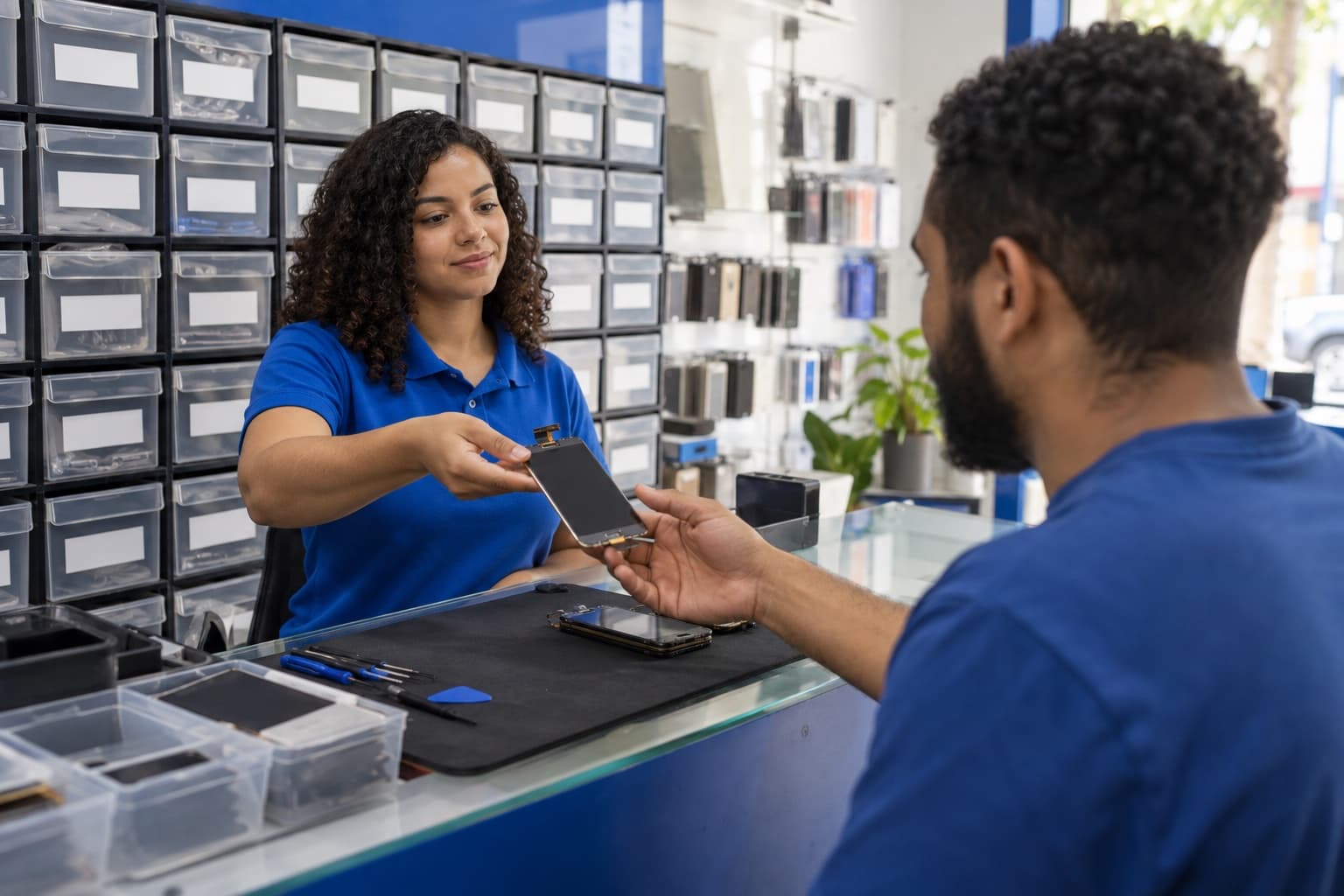 Balcão de loja de peças de celular com gaveteiros de telas e baterias e atendente entregando um display a um técnico