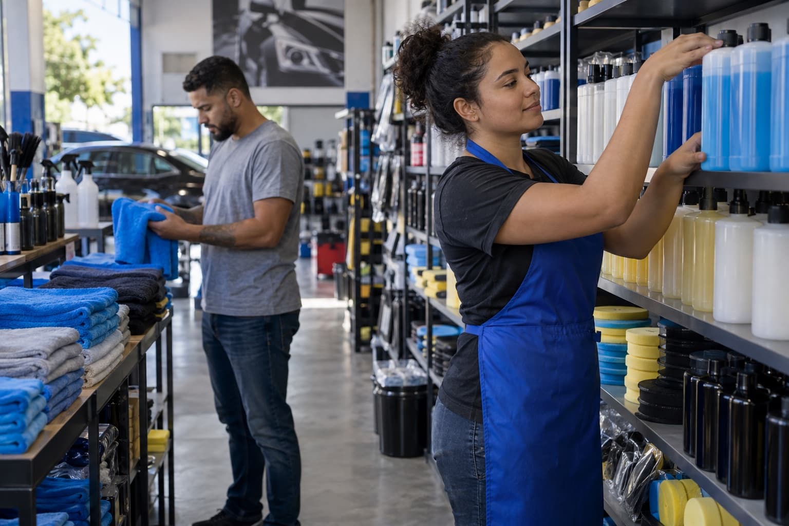Atendente de avental azul arrumando frascos de shampoo automotivo, ceras e boinas de polimento na prateleira enquanto um cliente escolhe uma toalha de microfibra