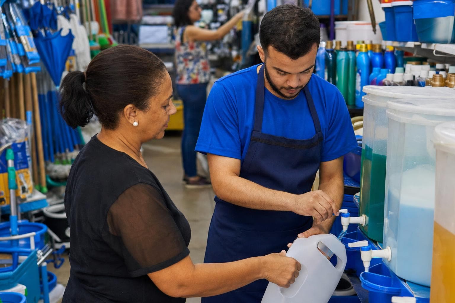 Atendente enchendo um galão de detergente a granel para um cliente em loja de produtos de limpeza
