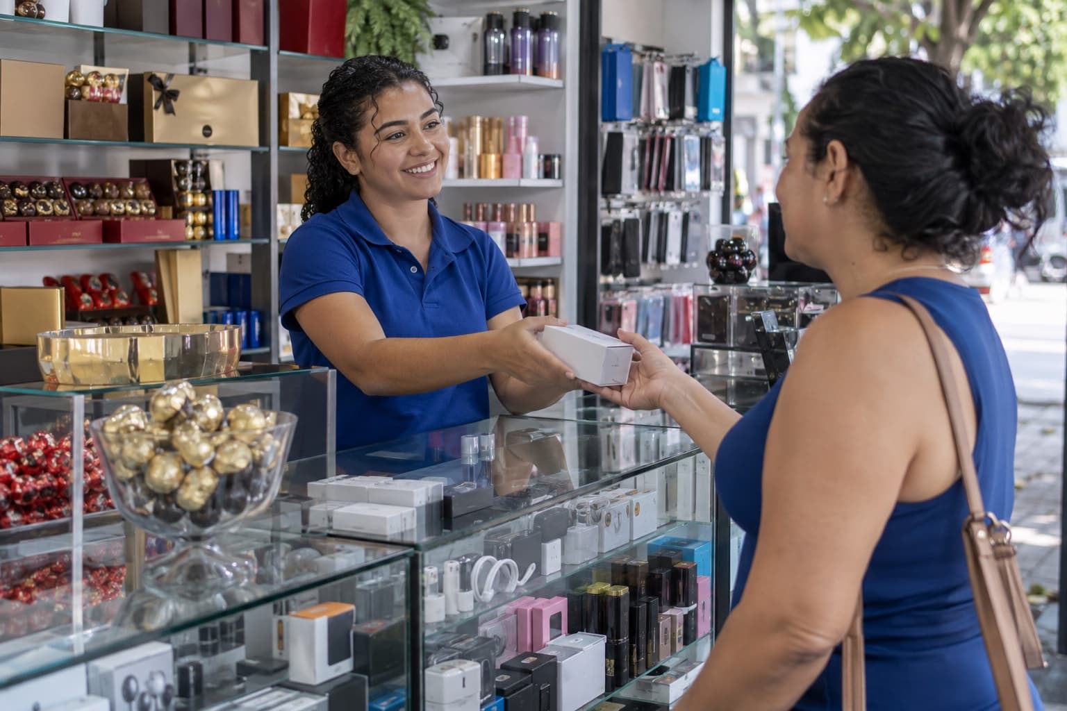 Vendedor atendendo cliente no balcão de vitrines com acessórios eletrônicos, chocolates e cosméticos importados