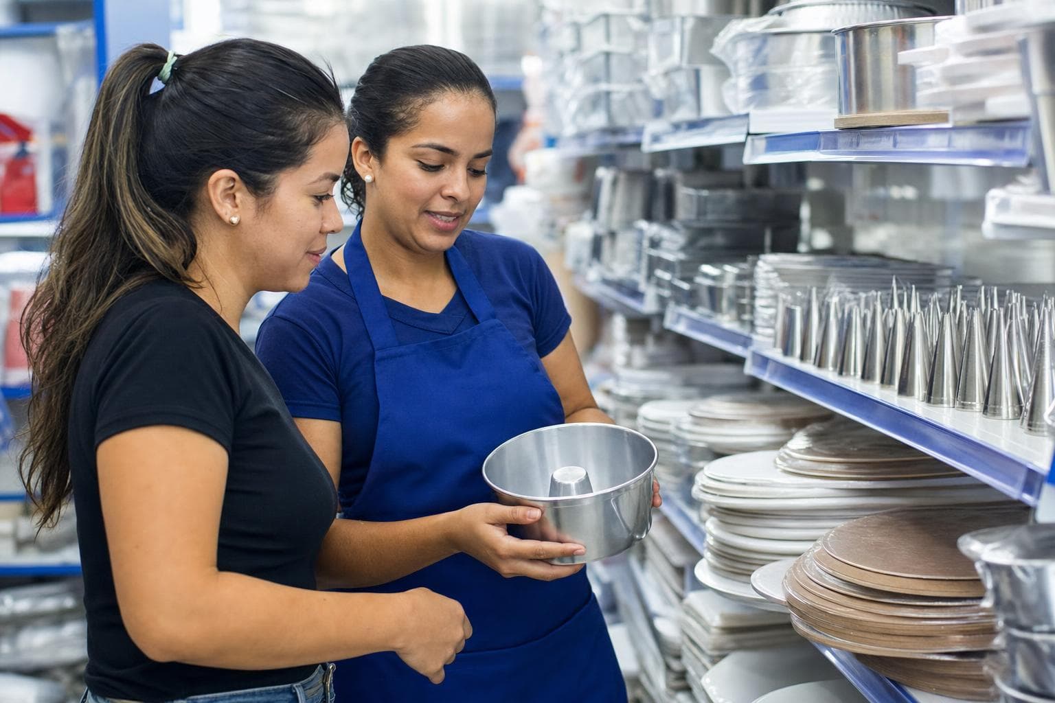 Cliente e atendente escolhendo formas e bicos de confeitar nas prateleiras de uma loja de produtos para confeitaria