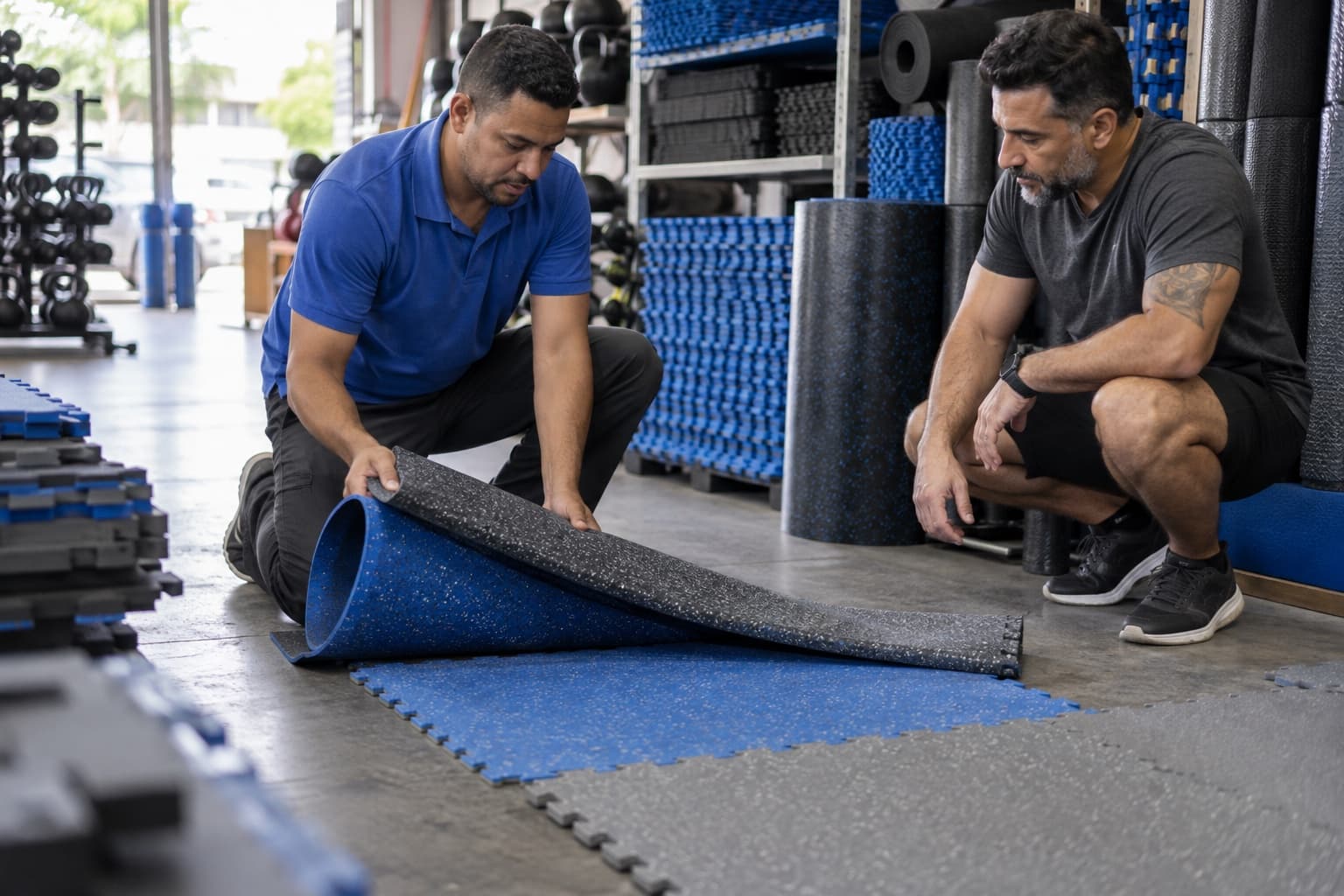 Vendedor de camisa polo azul desenrolando um piso de borracha azul e cinza ao lado de placas de tatame para um dono de academia numa loja com tatames empilhados
